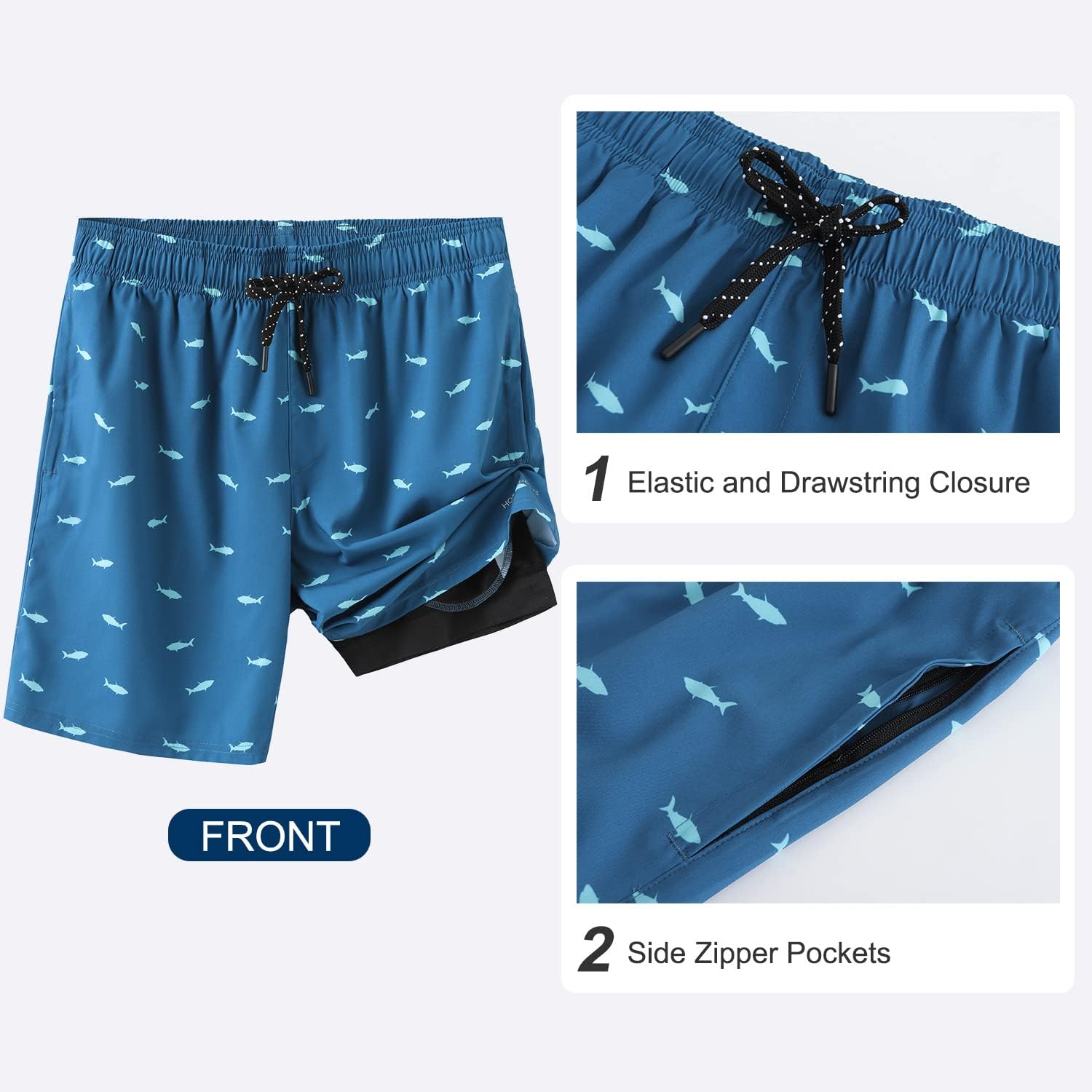 Thumbnail 3 de HODOSPORTS Mens 7" Swim Trunks with Compression Liner – Quick-Dry, Zipper Pockets