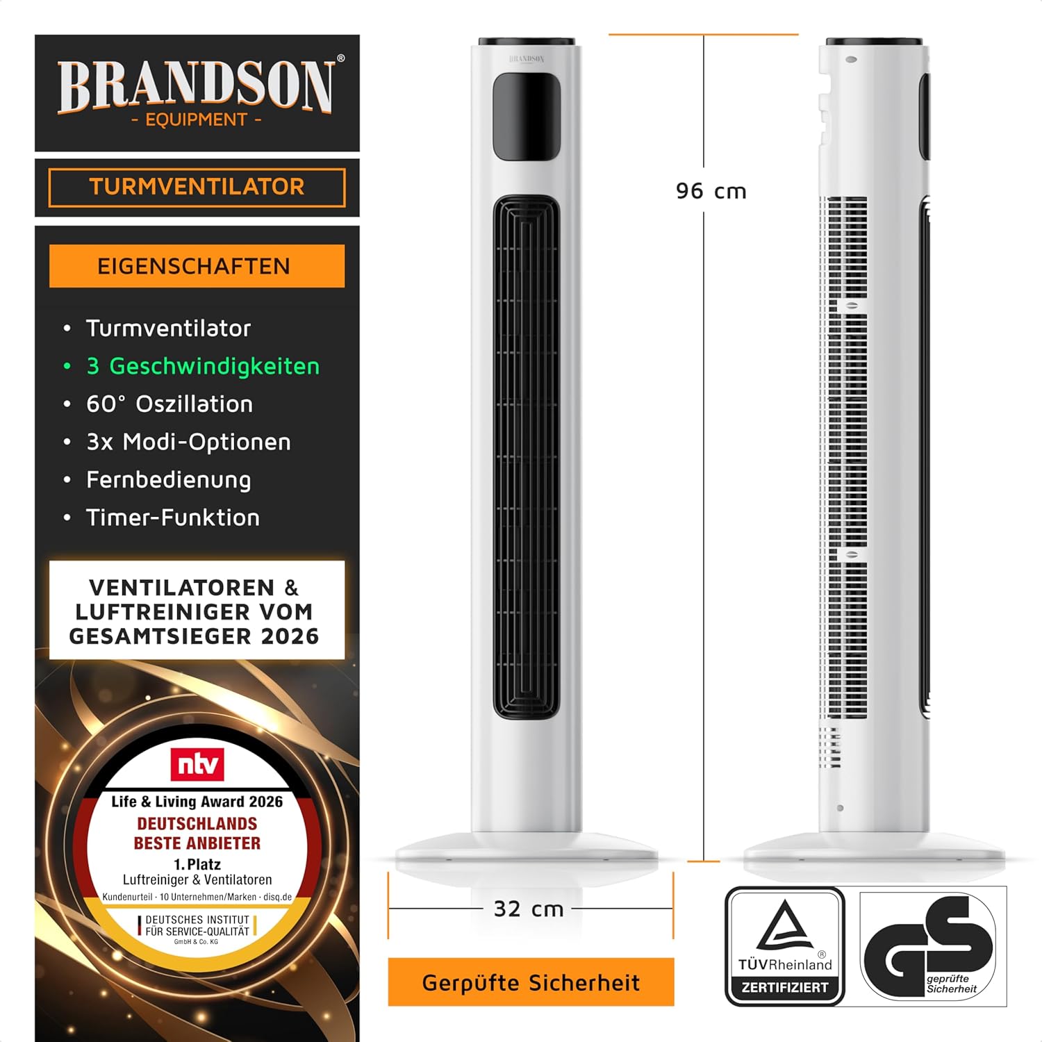 Detalle 2 de Brandson Turmventilator mit Fernbedienung (96 cm) – 45-W-Motor, Oszillation & Timer