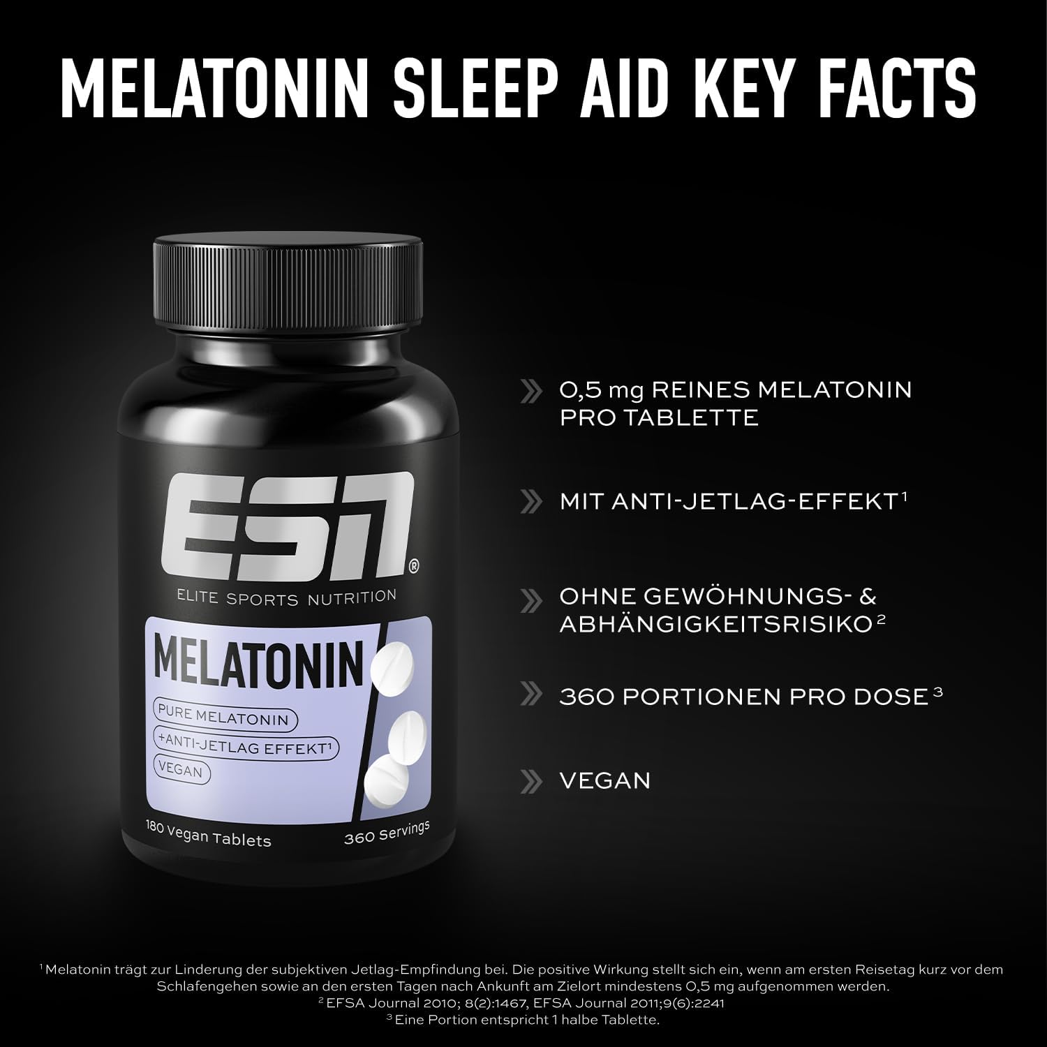Detalle de ESN Melatonin Sleep Aid – 180 Tabletten (0,5 mg pro halbe Tablette) – Anti-Jetlag-Unterstützung, Made in Germany