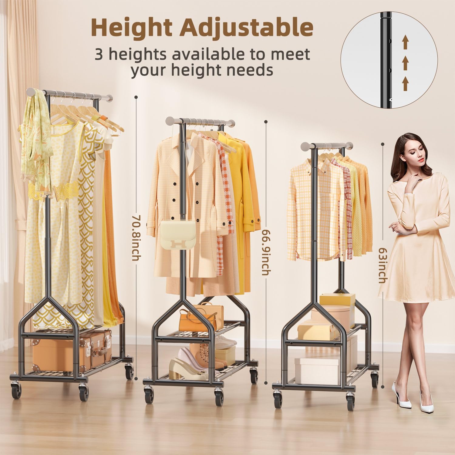 Detalle 2 de EAGMAK UKGRP070 Heavy-Duty Clothes Rack with Adjustable Rod, Shelves and Wheels