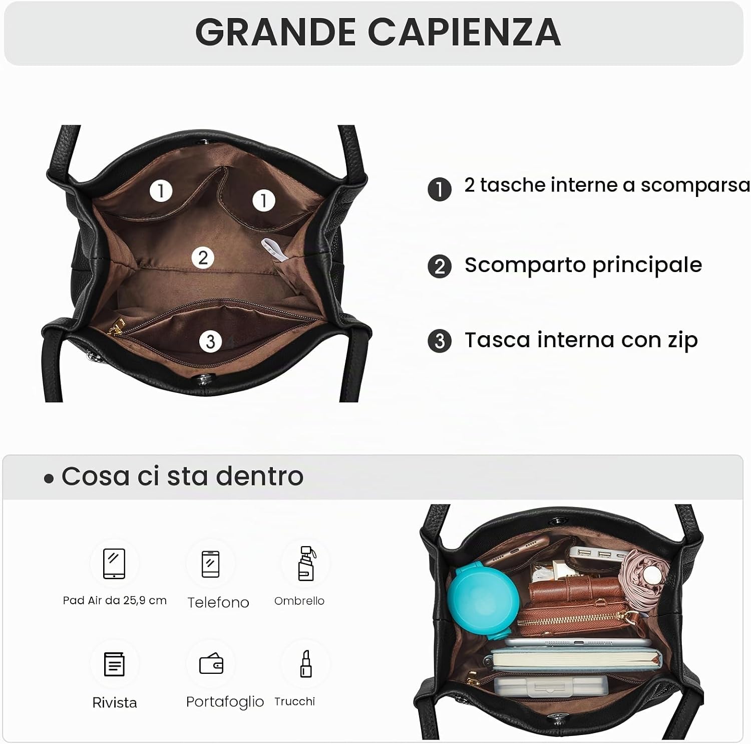 Thumbnail 3 de Kattee Borsa a tracolla da donna in morbida pelle con chiusura magnetica superiore, grande