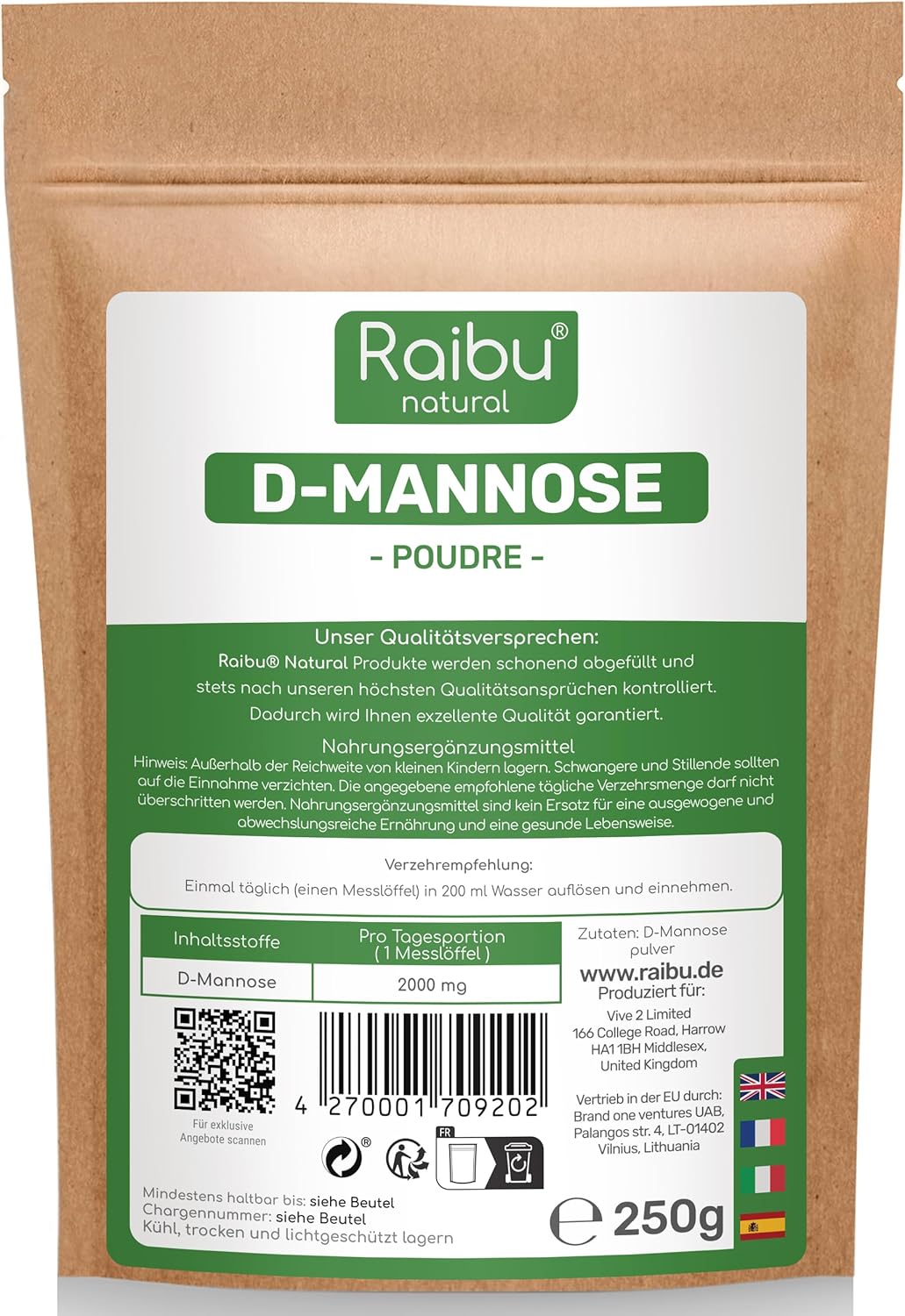 Detalle de Raibu D-Mannose Poudre 250 g – Plus de 4 Mois, 2000 mg par dose, végétalien et sans additifs