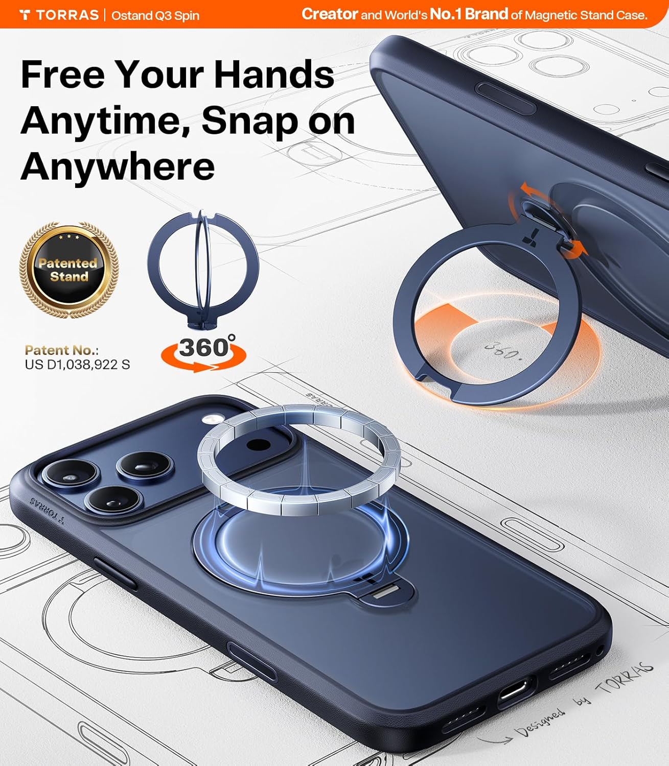 Detalle 2 de TORRAS Q3 Spin iPhone 17 Pro Max case with 360° stand