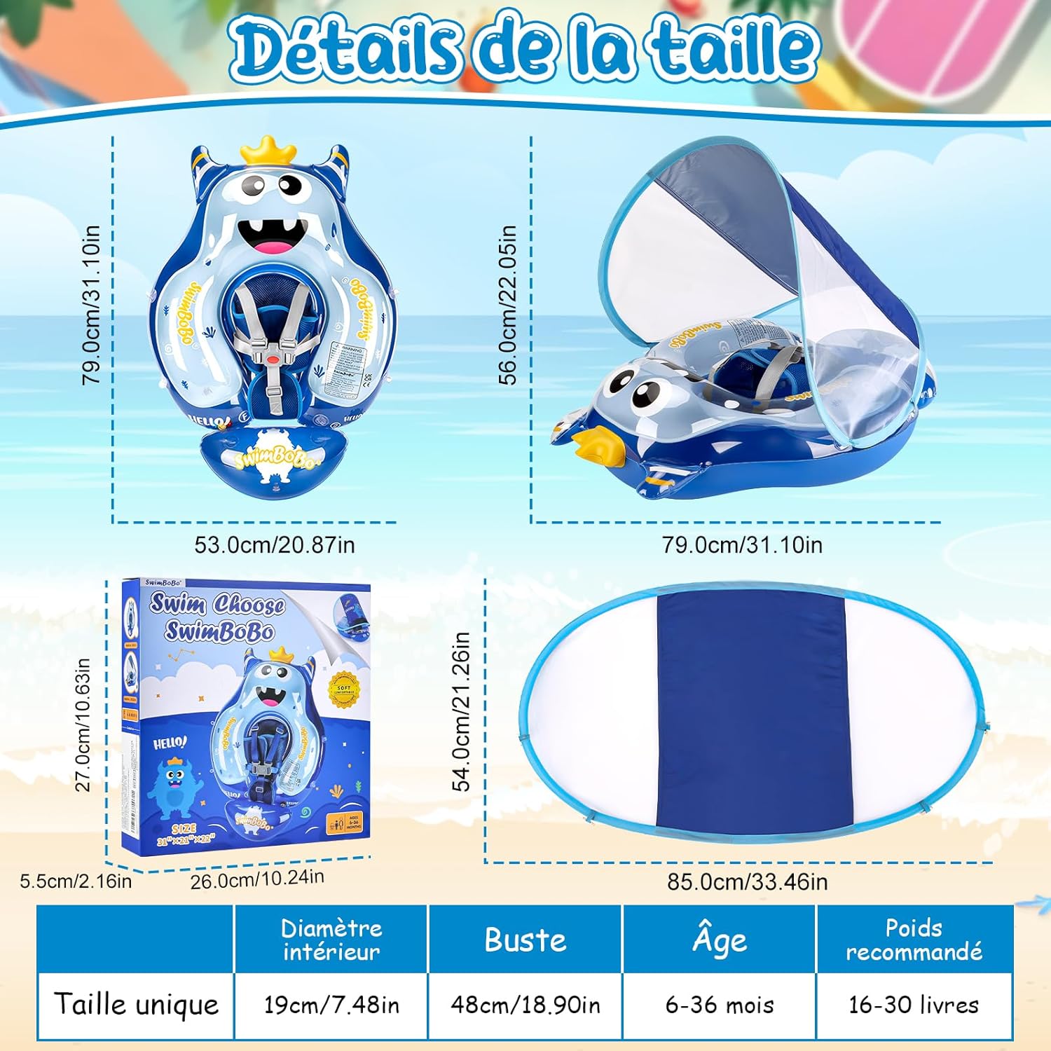 Thumbnail 5 de YOOHBERRYS Bouée bébé gonflable avec pare-soleil et support inférieur (3 à 36 mois)