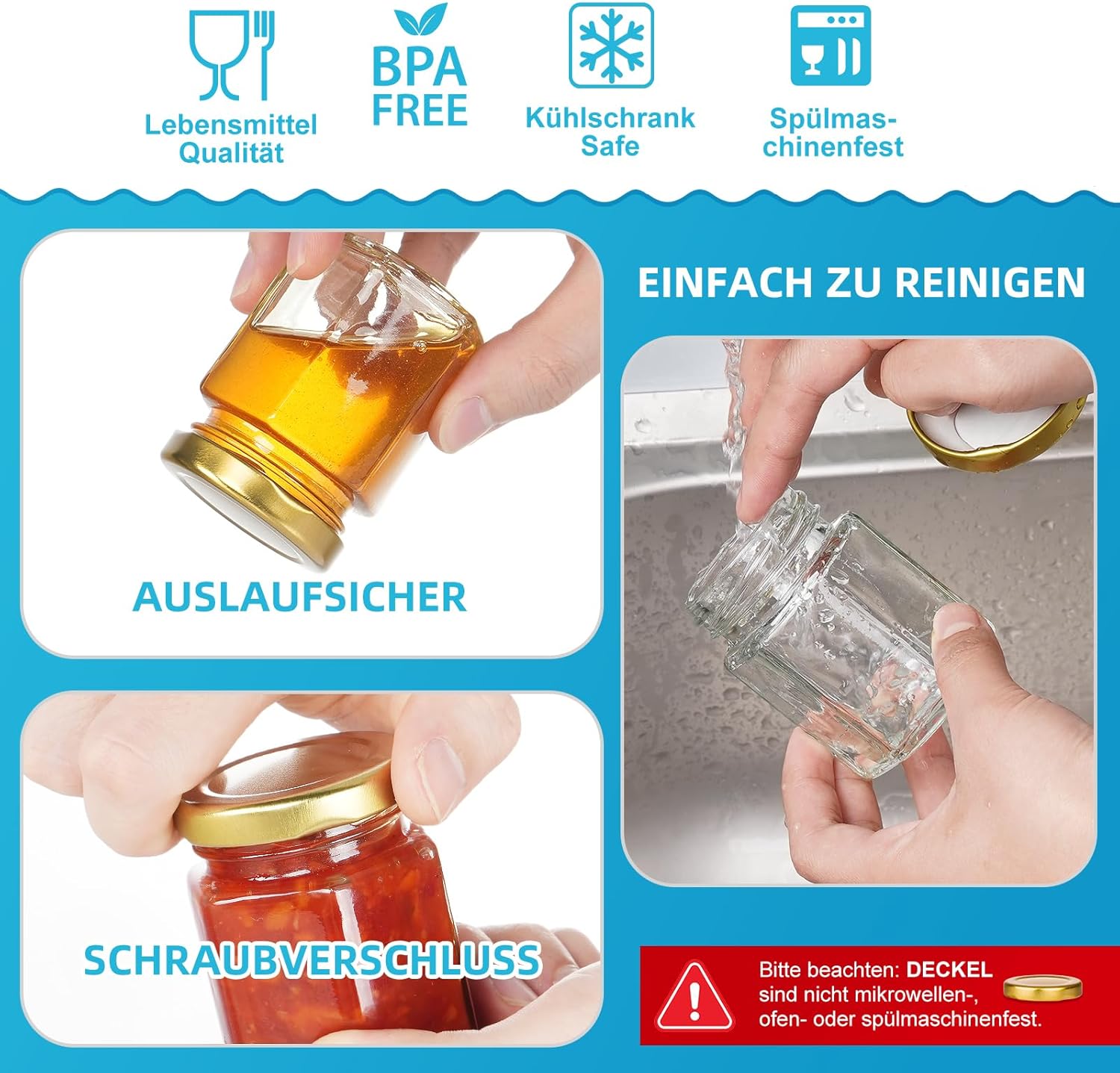 Thumbnail 5 de Absovetu Kleine Gläser mit Metalldeckel und Etiketten – 100 ml, hexagonal, wiederverwendbar