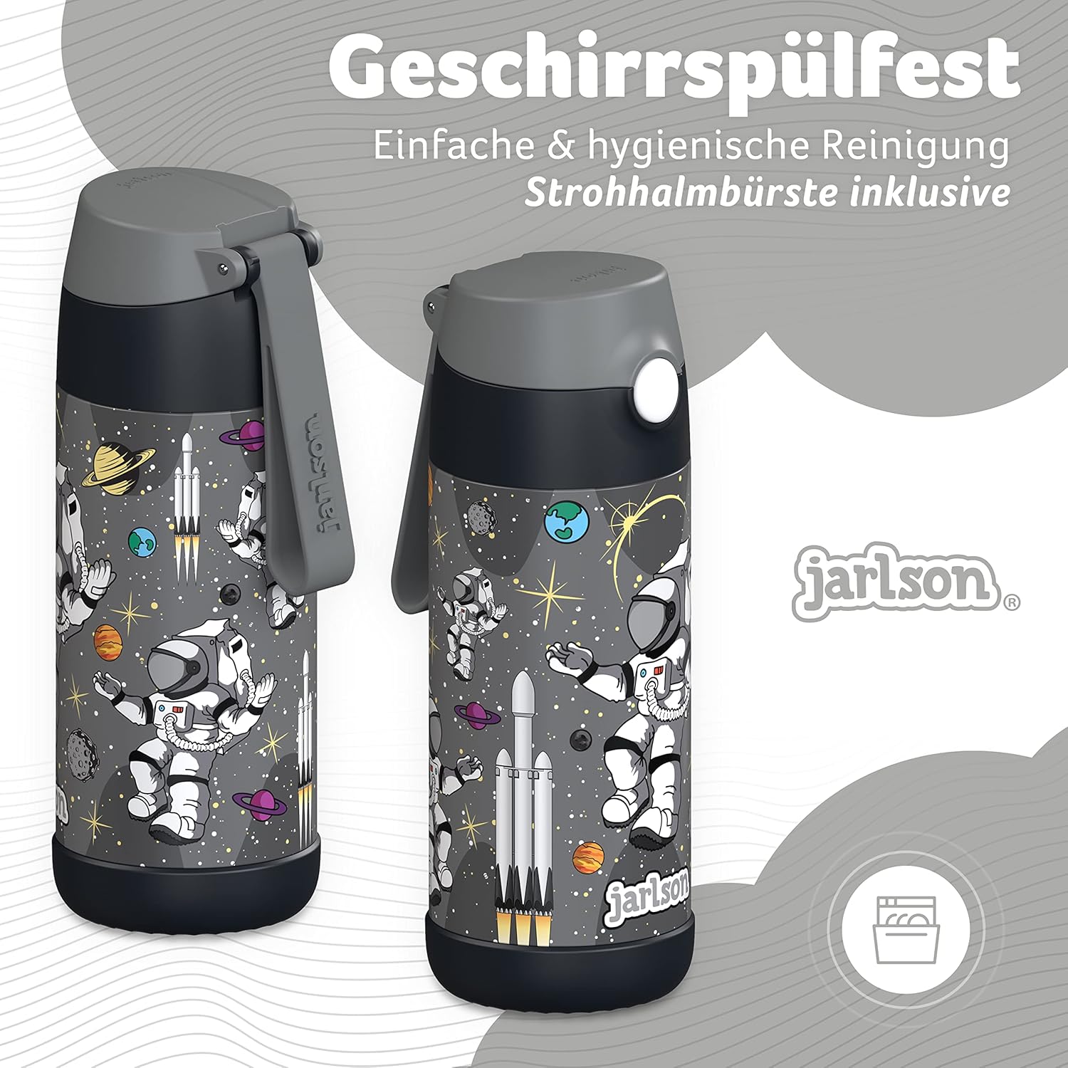 Thumbnail 3 de Jarlson® Kinder-Trinkflasche Charli mit Strohhalm (Edelstahl, 350 ml, Astronaut) – auslaufsicher, thermoisoliert