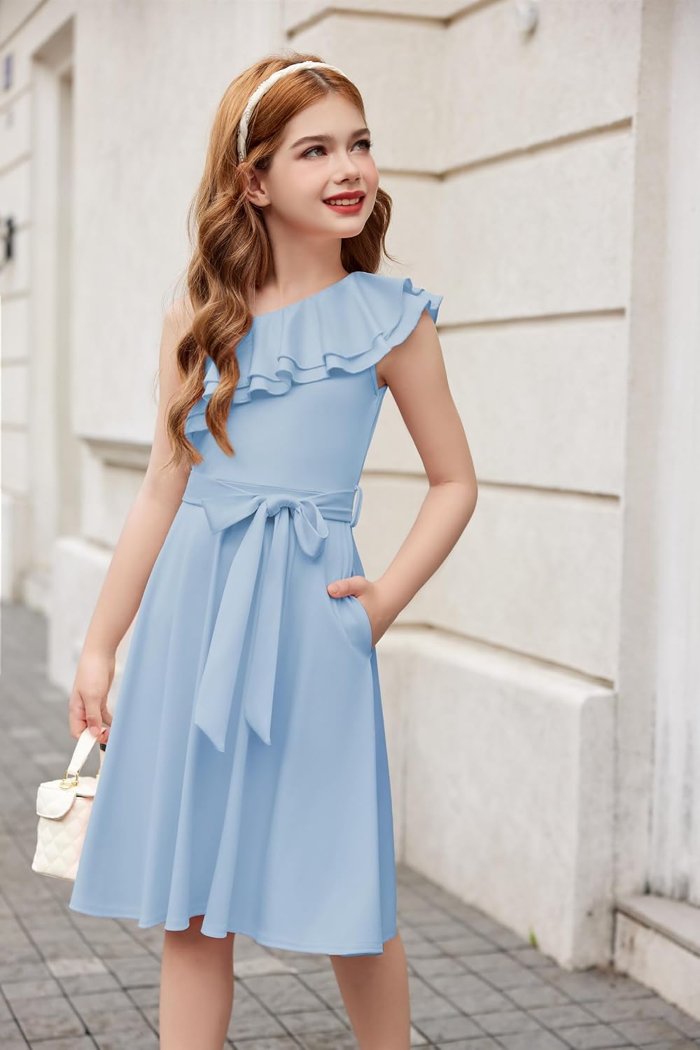 Thumbnail 1 de Robe fille une épaule Arshiner avec col à volants et ceinture ajustable, été de fête (5 à 13 ans)