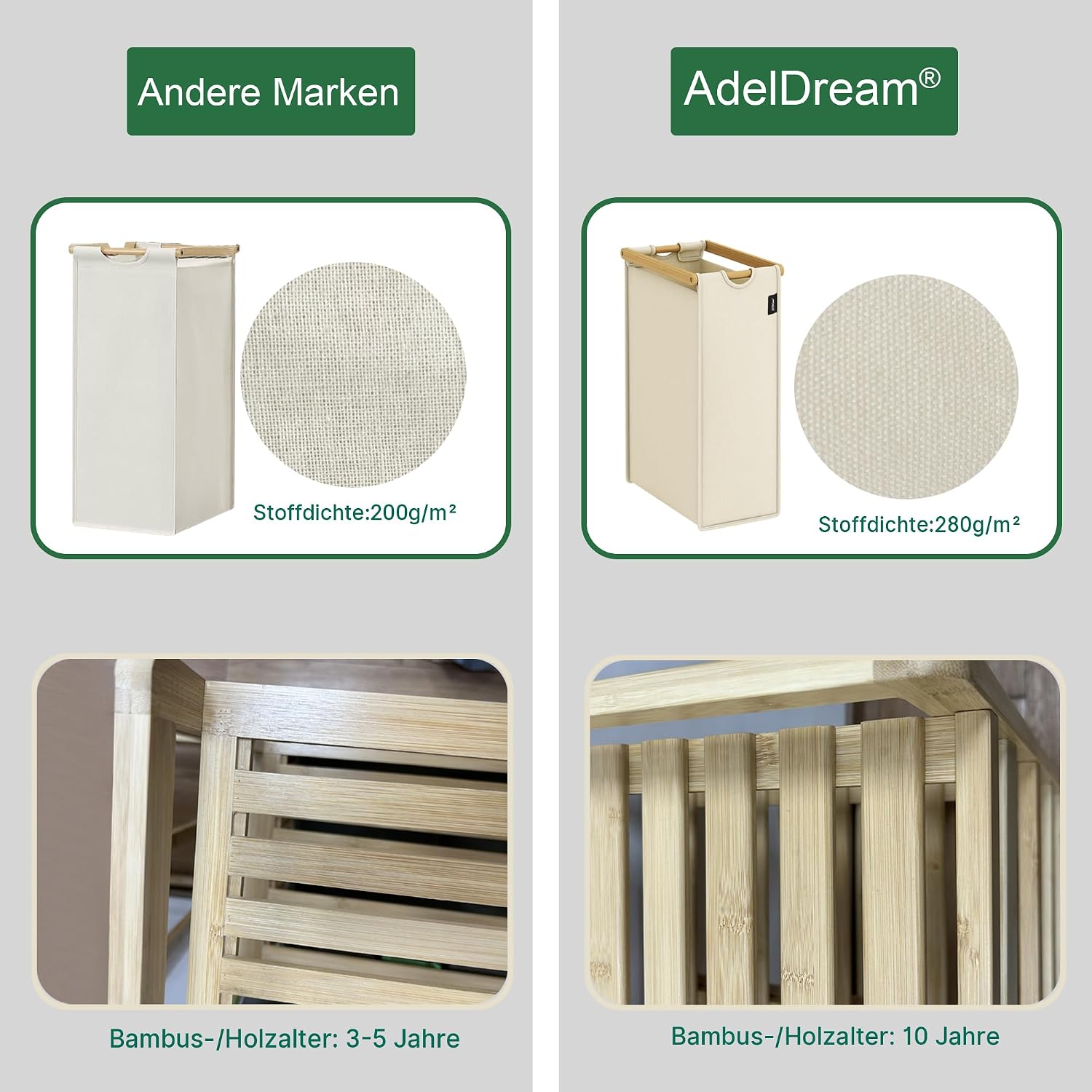 Thumbnail 4 de ADEL DREAM AdelDream Wäschekorb 150 l mit 3 Fächern, ausziehbaren und abnehmbaren Wäschesäcken, Bambusrahmen (beige)