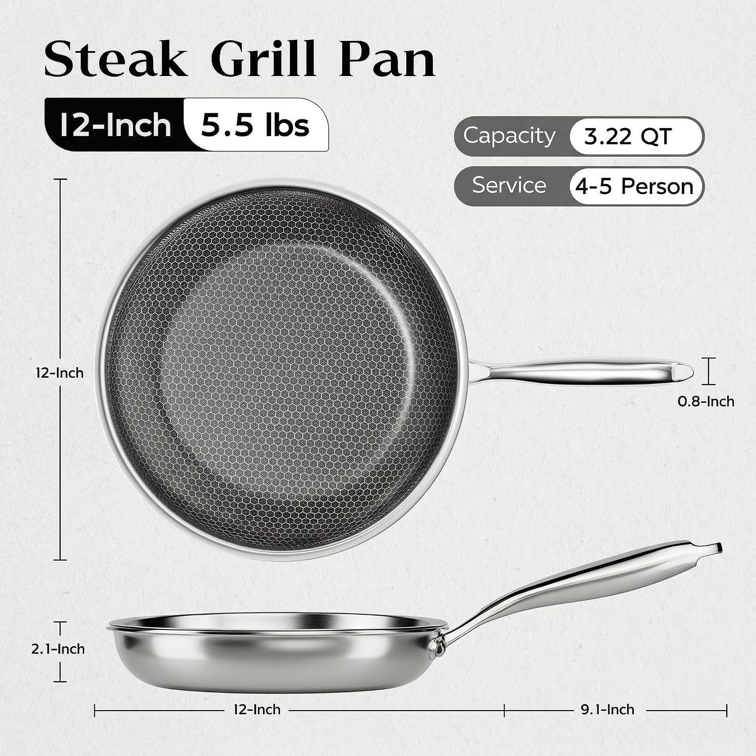 Detalle 2 de XBM 12-Inch Nonstick Frying Pan with Lid: Durable Tri-Ply Stainless Steel for Healthier, Easy Cooking