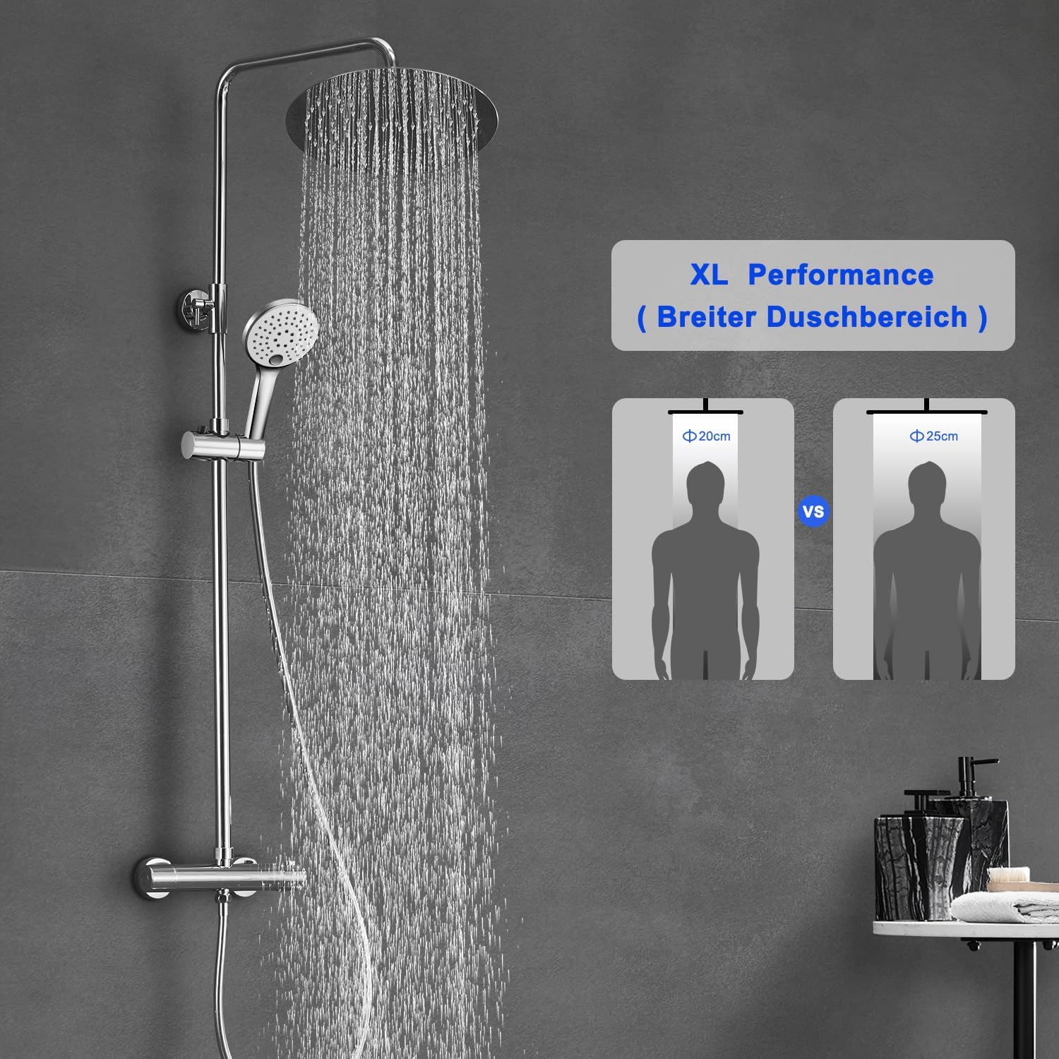 Detalle 2 de JOHO Edelstahl Duschset mit Thermostat, Regendusche 25 cm (D25) und Handbrause