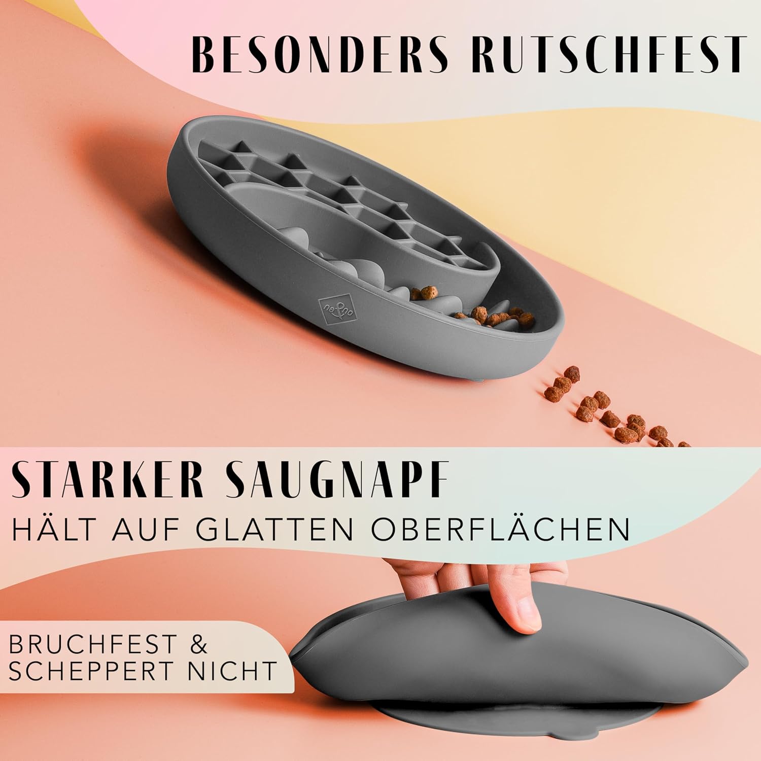 Detalle de ne&no® Anti Schling Napf für Hunde und Katzen (Slow Feeder) – Lickmatte mit großem Saugnapf, Graphite Grey
