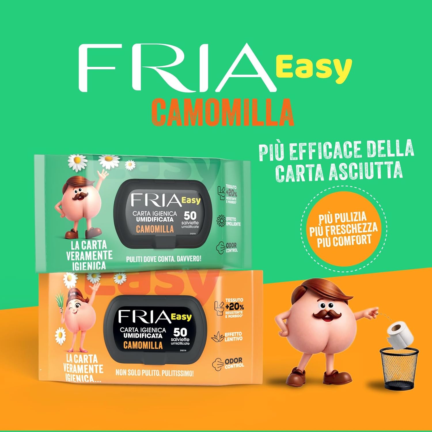 Detalle 2 de Fria Easy Carta Igienica Umidificata con Camomilla – 50 Salviette, Tessuto Gettabile nel WC