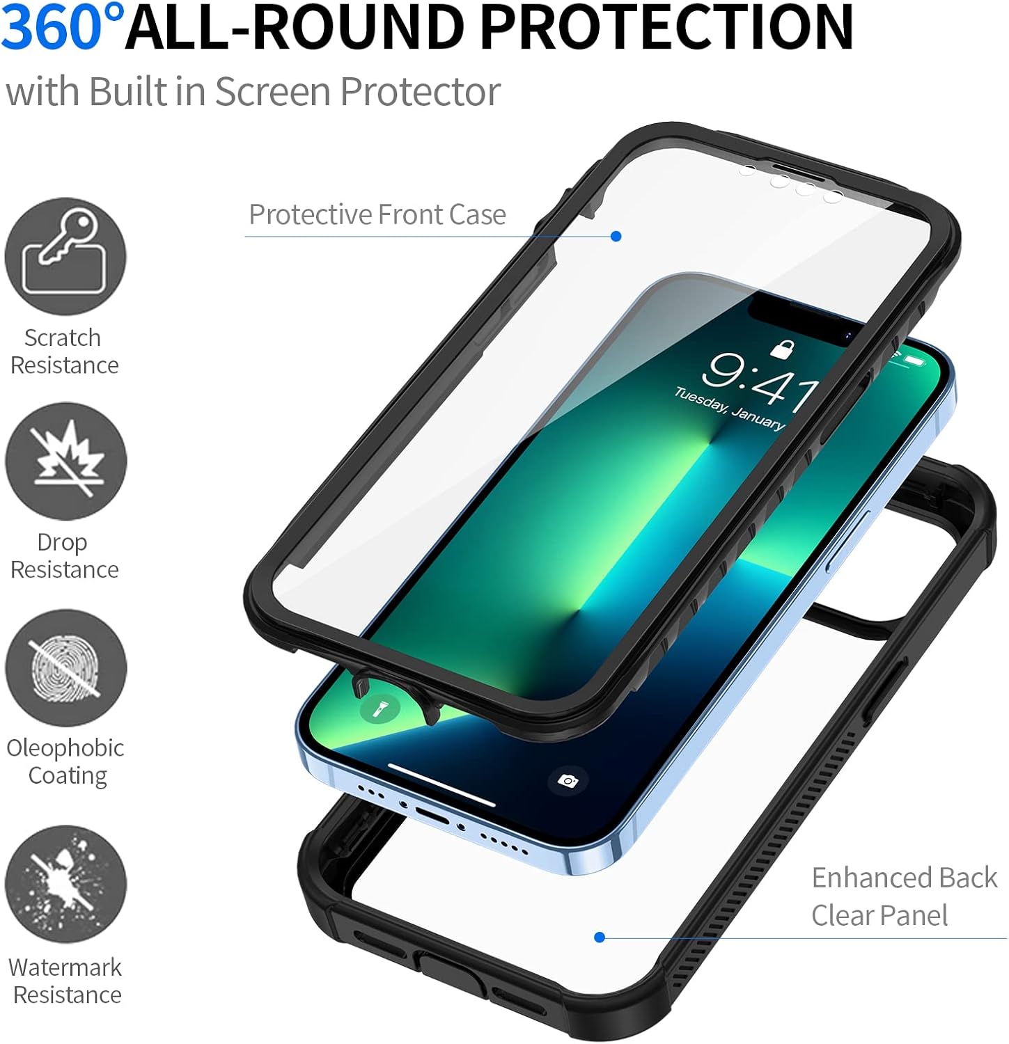 Thumbnail 2 de Seacosmo Coque anti-choc 360° pour iPhone 13 Pro 6,1" – Transparent et robuste avec écran et caméra protégés