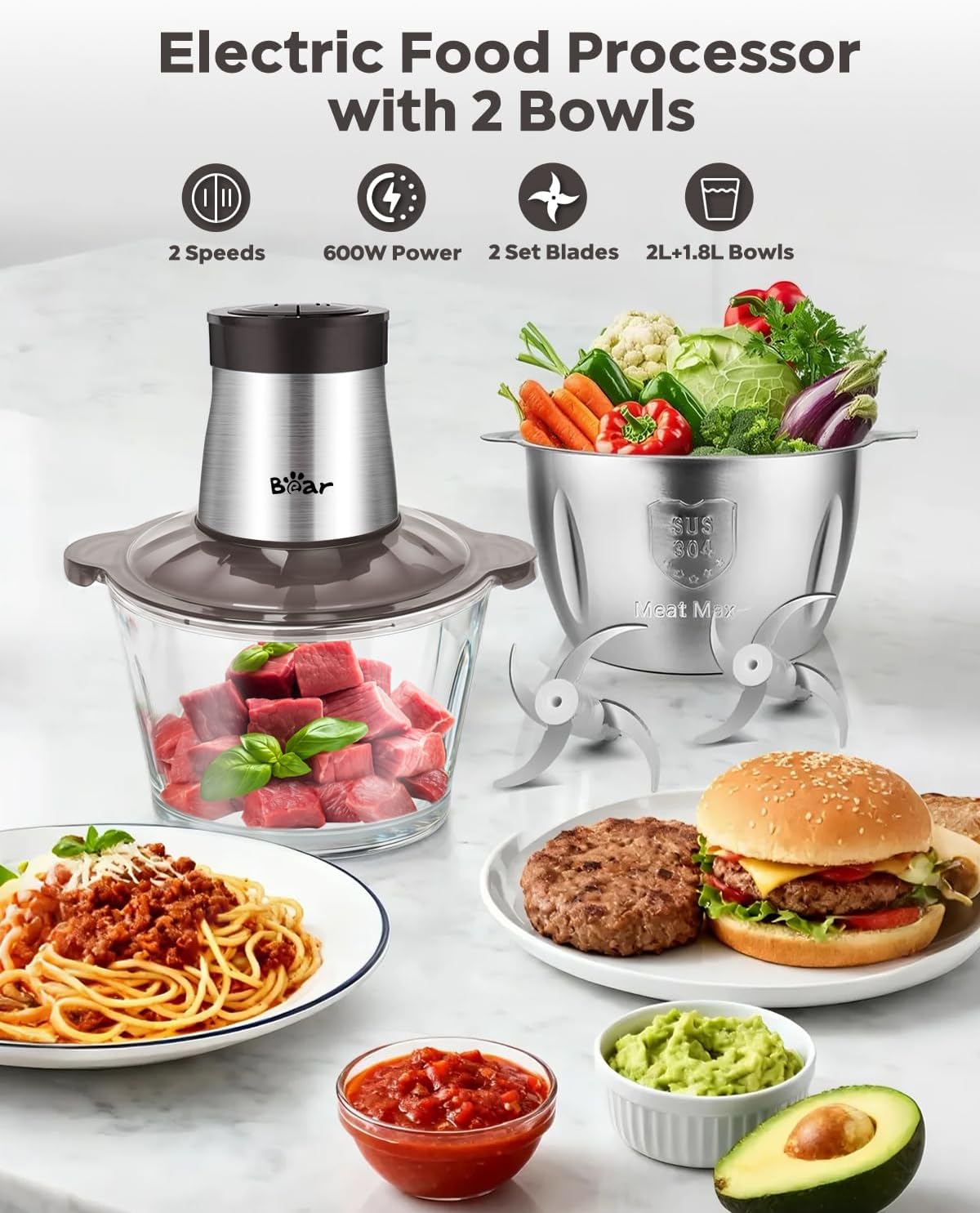 Detalle 2 de Bear 600W Food Processor 2L+1.8L