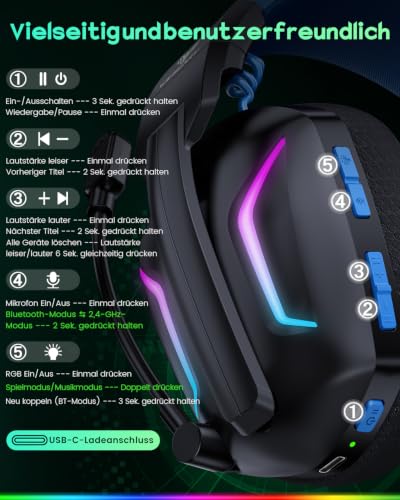 Thumbnail 8 de WESEARY Gaming Headset Wireless mit Mikrofon – kompatibel mit PS5, PS4, PC, Switch