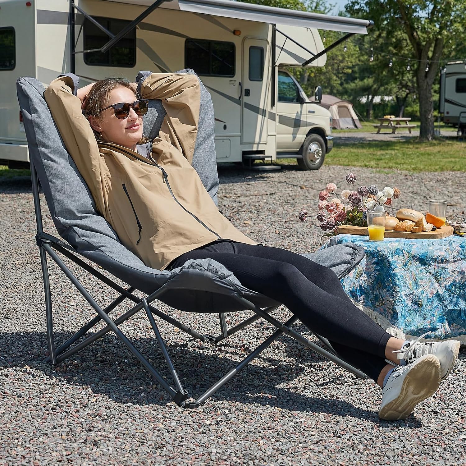 Detalle de EVER ADVANCED Luxus Campingstuhl XXL – Faltbar, 180 kg Tragkraft, Hochlehne, gepolstert