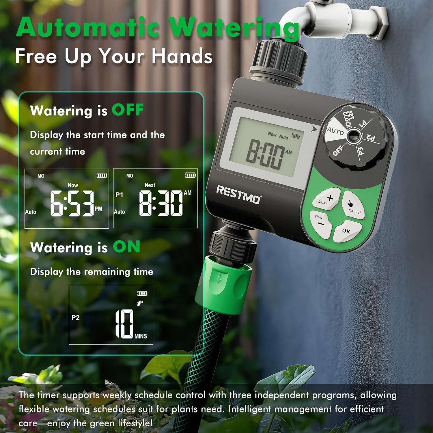 Detalle de RESTMO Water Timer with 3 Separate Programs – 7-Day Programmable Hose Timer for Garden Irrigation