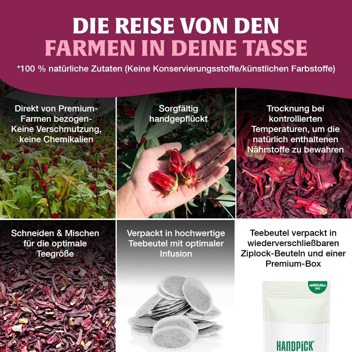 Thumbnail 6 de HANDPICK Hibiskustee – 100 Hibiskusblütentee Beutel, koffeinfrei, aus 100% Hibiskusblüten