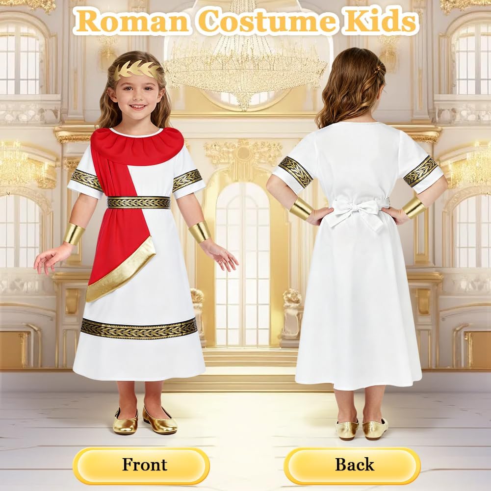 Thumbnail 3 de Costume da antica Grecia Romana BSBUY per ragazzi e ragazze, bianco e rosso (toga/abito lungo con cintura)