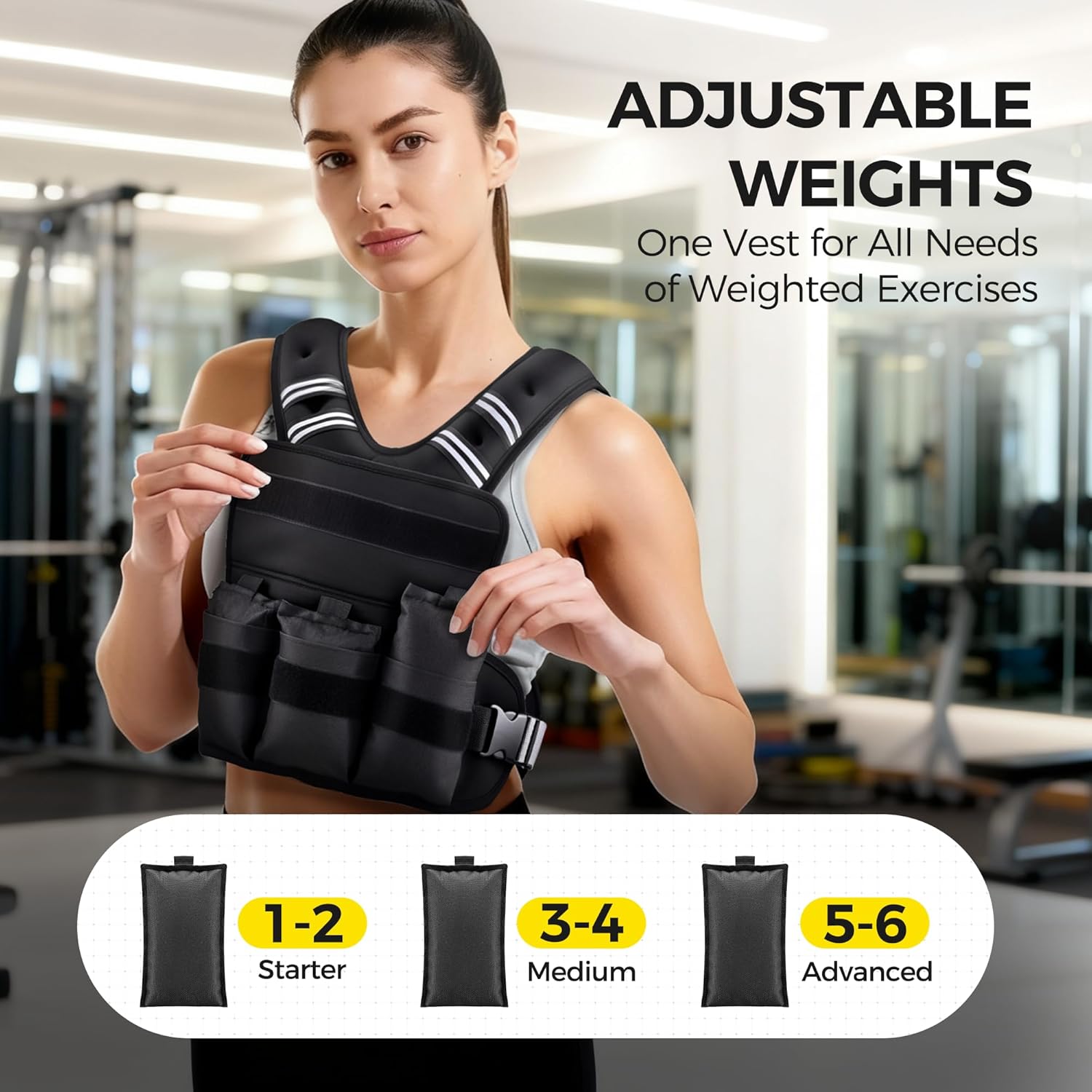 Detalle 2 de PACEARTH Adjustable Weight Vest (4–10 lbs to 32 lbs) with X-Shape Design, Zipper Pouch & 6 Weight Packs
