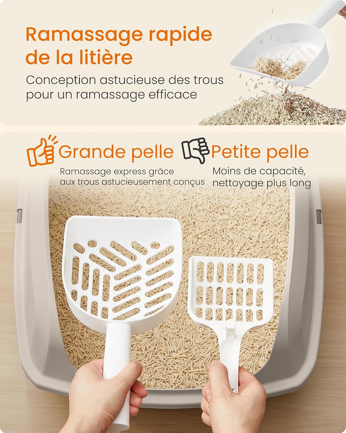 Detalle de Feandrea bac à litière XXL pour chat à parois hautes, ouvert sur le dessus, avec pelle (beige cappuccino) PPT010LH01