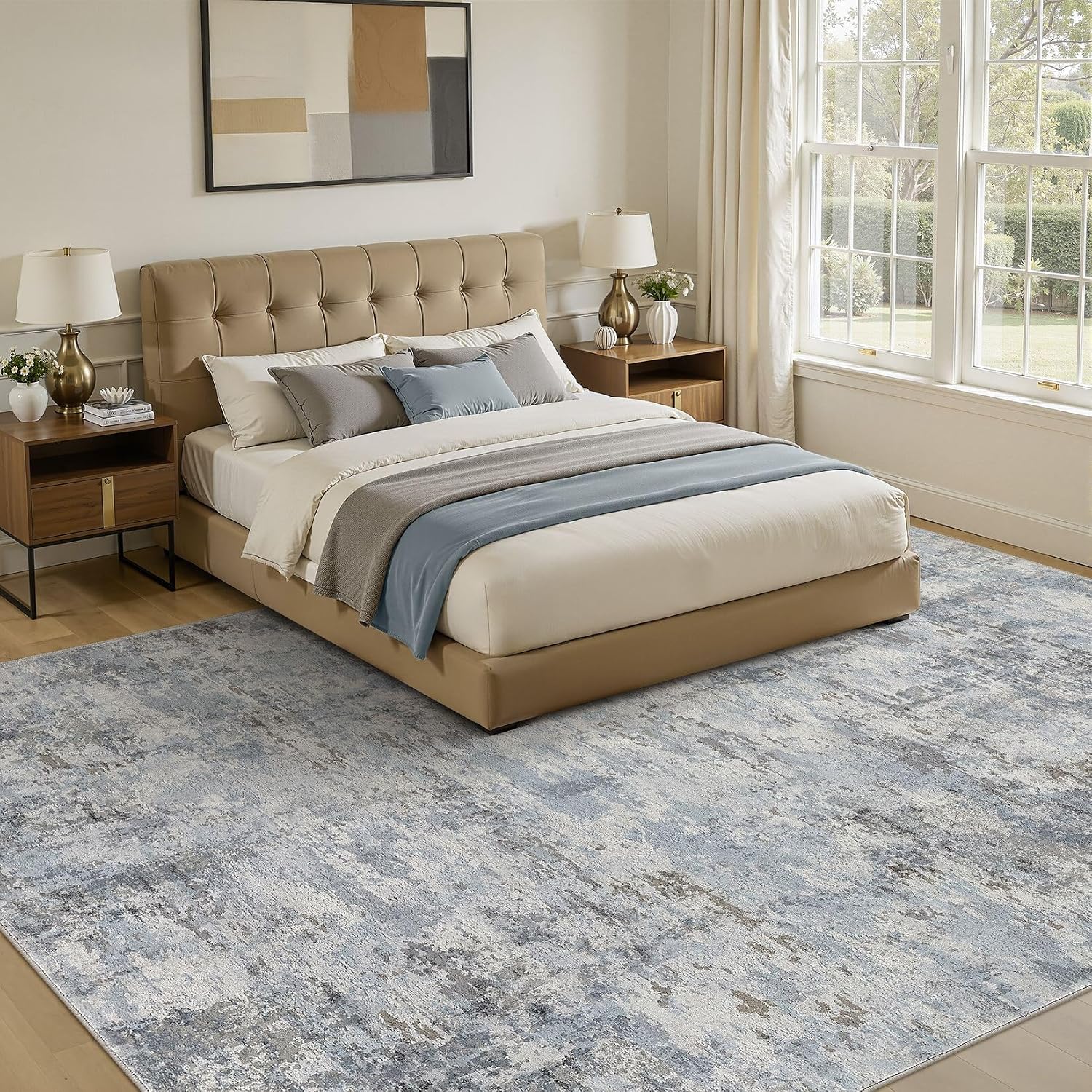 Thumbnail 1 de ELLIUNE 9' x 12' Blue Gray Washable Abstract Area Rug, Low Pile