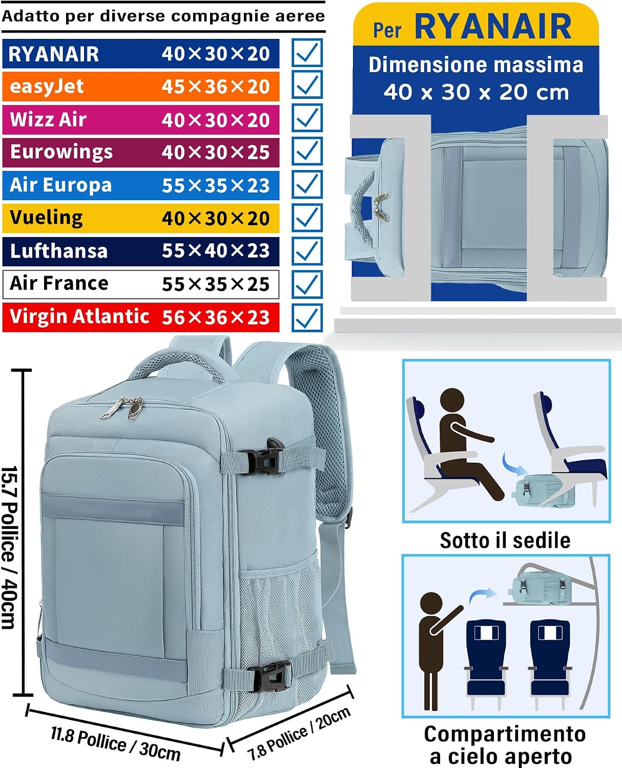 Thumbnail 1 de KLOSTAIN Zaino Ryanair 40x30x20 cm – Zaino da viaggio da cabina 24L, approvato per EasyJet, Wizz Air e molte compagnie