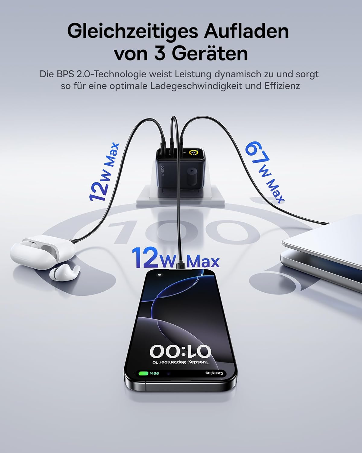 Thumbnail 3 de Baseus 100W Picogo USB-C Ladegerät mit Smart Display – 3-in-1 GaN Schnelllader