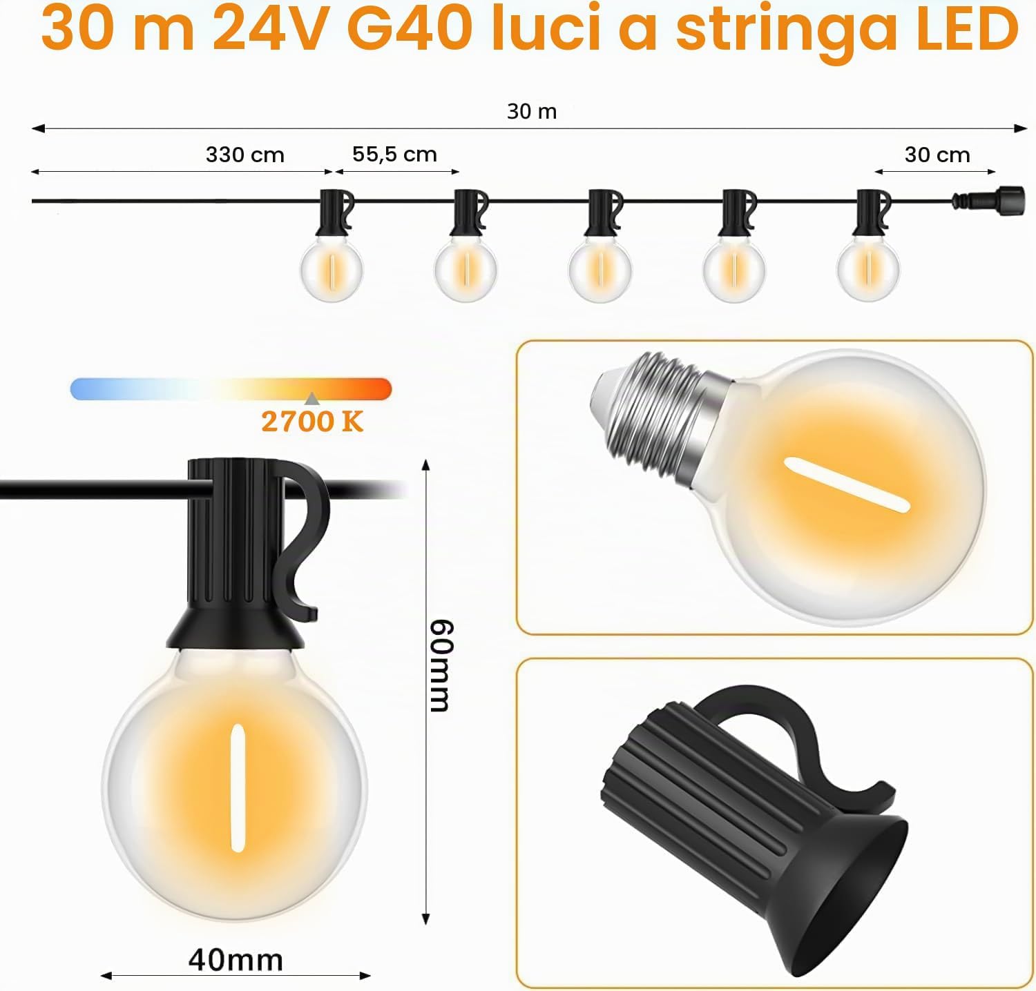 Detalle de SUWIN Catena Luminosa Esterno 30M con LED G40: 50+2 lampadine, IP45, luce bianca calda per esterni