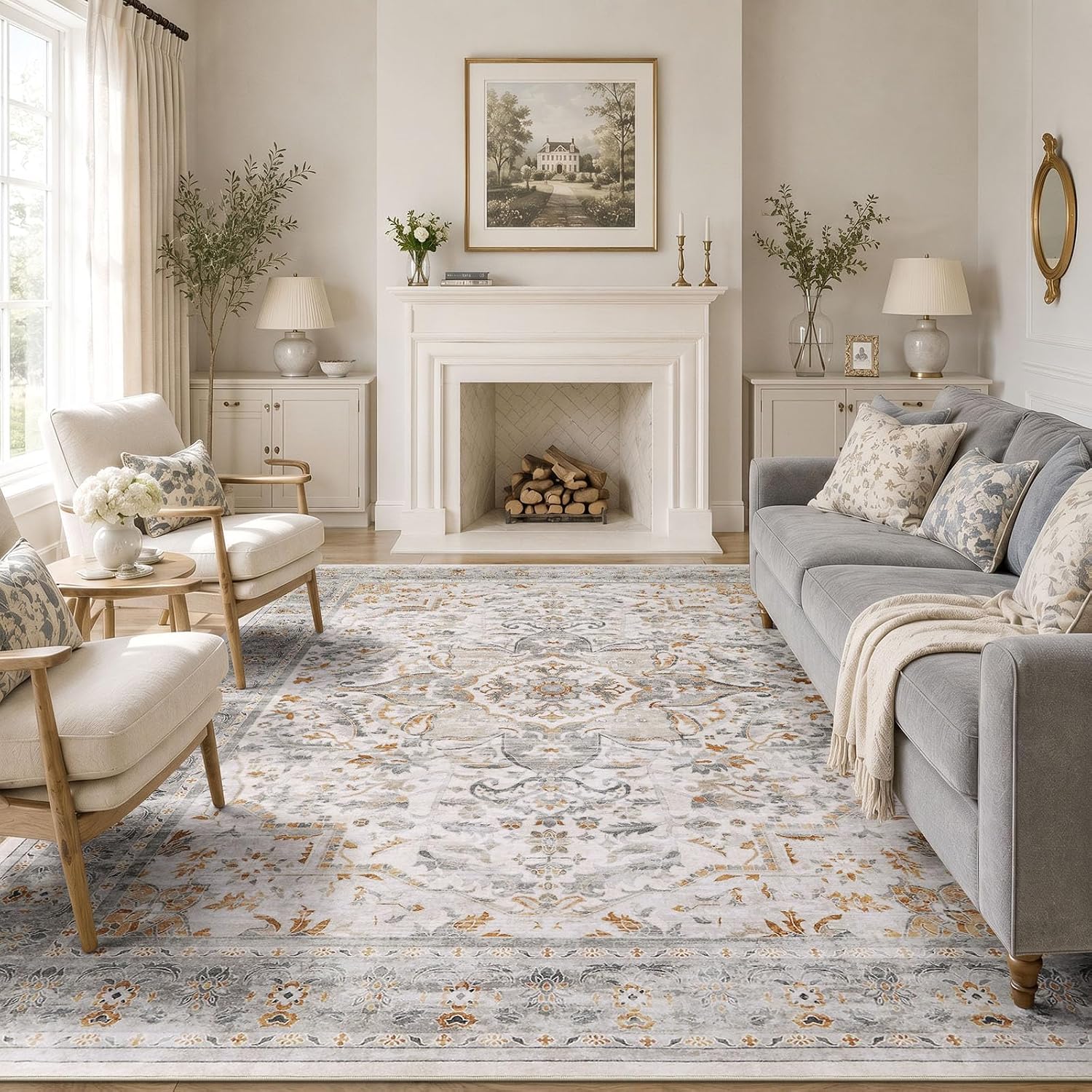 Detalle de smiry 8x10 Washable Area Rug, Taupe Floral Low-Pile Non-Slip Carpet