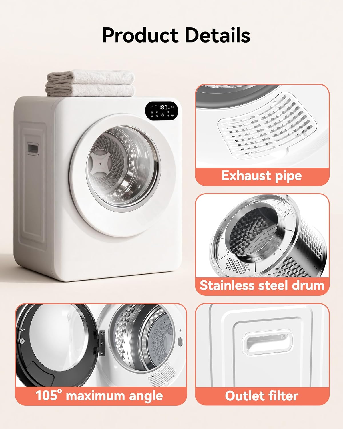Thumbnail 6 de EUHOMY CD008-150WH Portable Electric Clothes Dryer, 1.5 Cu. Ft., 850W