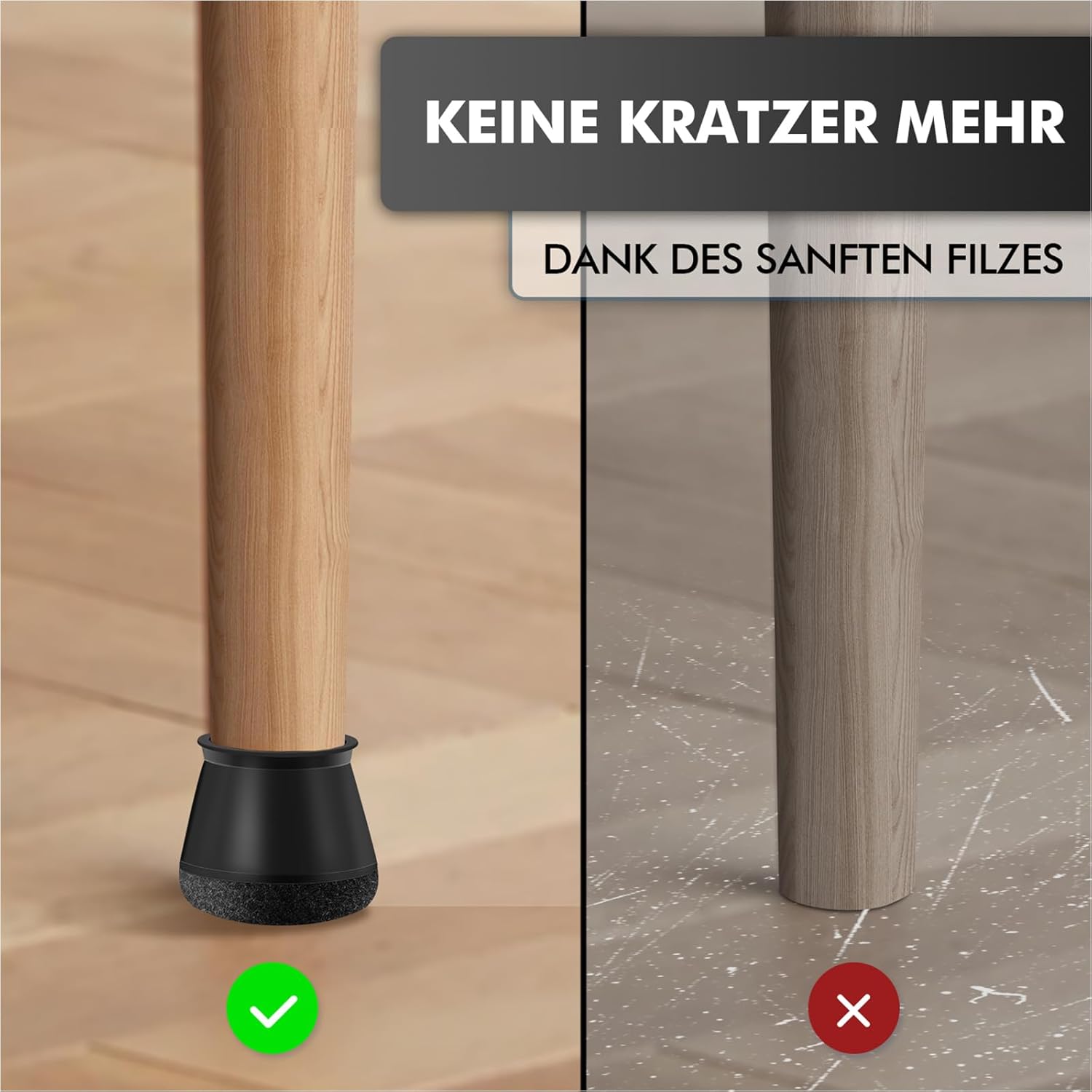 Thumbnail 3 de shinfly Stuhlbeinkappen Rund (24 Stück) – Filzgleiter für Stuhlbeine, schwarz (Fit: 14–20 mm)