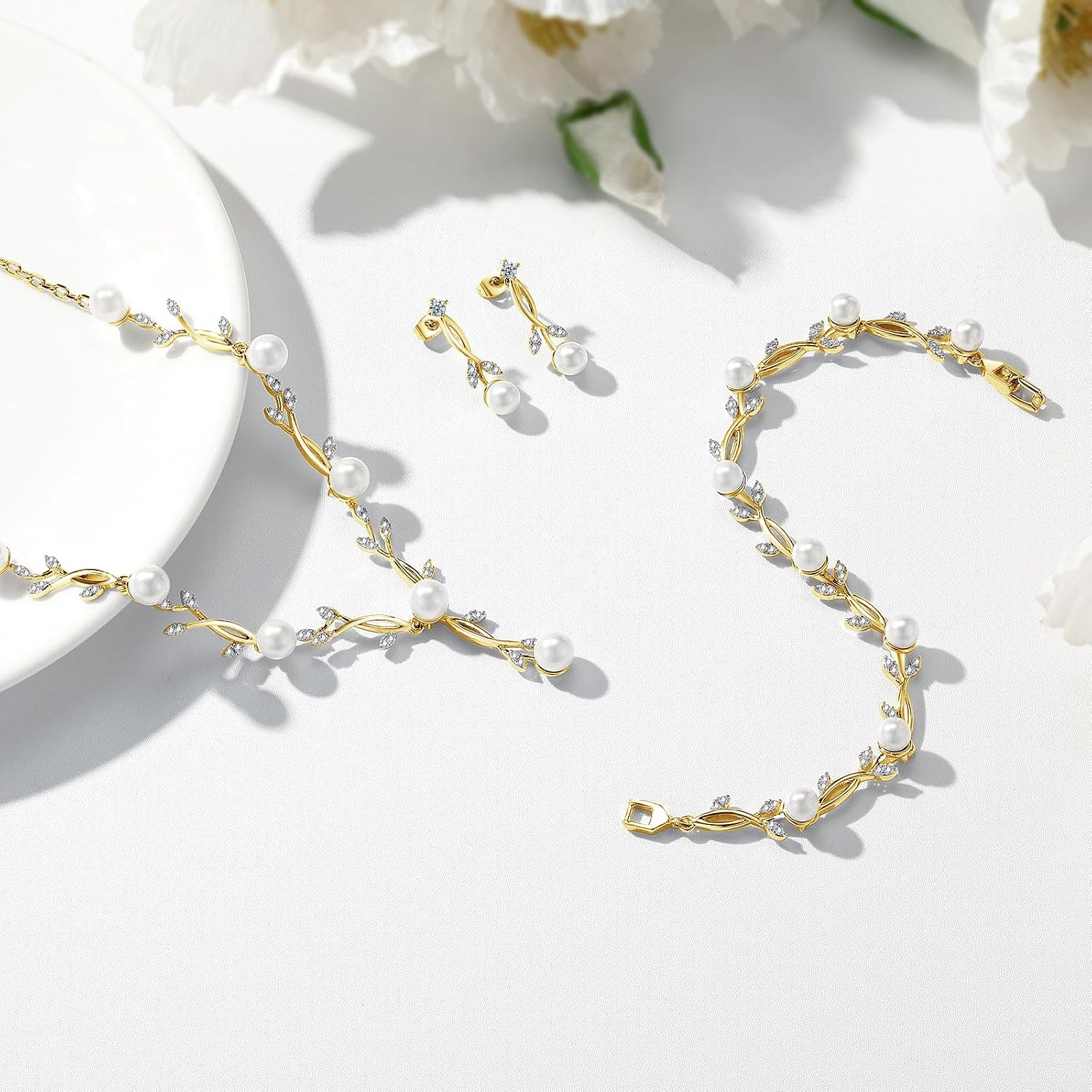 Detalle de Toplstud Hochzeit 925 Schmuckset Silbern – Halskette, Armband und Ohrringe in Blattform mit Perlen und Zirkonia