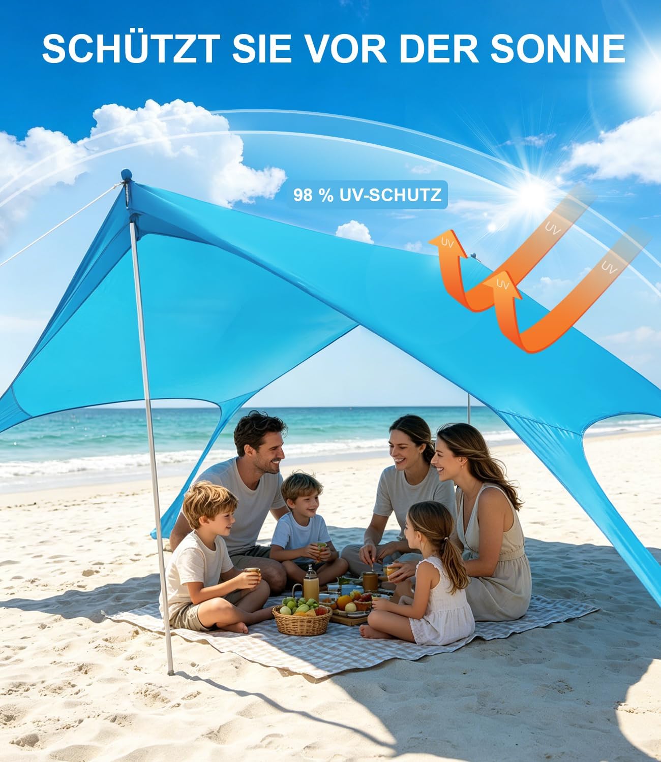 Detalle de MAXVINI UPF50+ Strandzelt 3 m x 3 m – Schatten, Stabilität und Vielseitigkeit für Strand, Camping und Garten