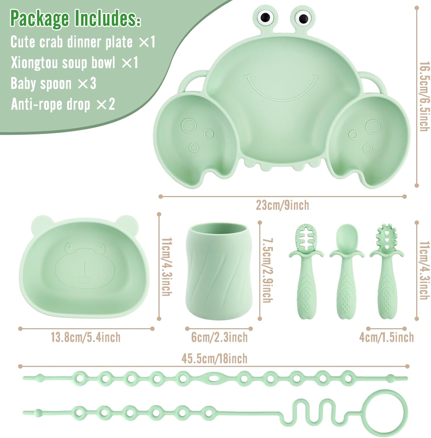 Thumbnail 1 de Qshare Baby Weaning Set: suction plates with 3 divided silicone sections (green) + cutlery and bib