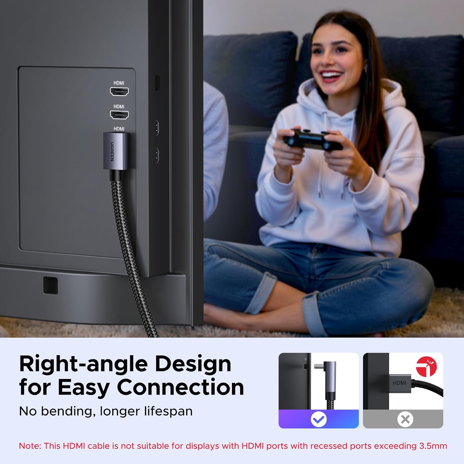 Thumbnail 1 de UGREEN HDMI 2.1 90-Degree Right Angled Cable (48Gbps) for 8K/4K gaming, eARC & Dolby Vision