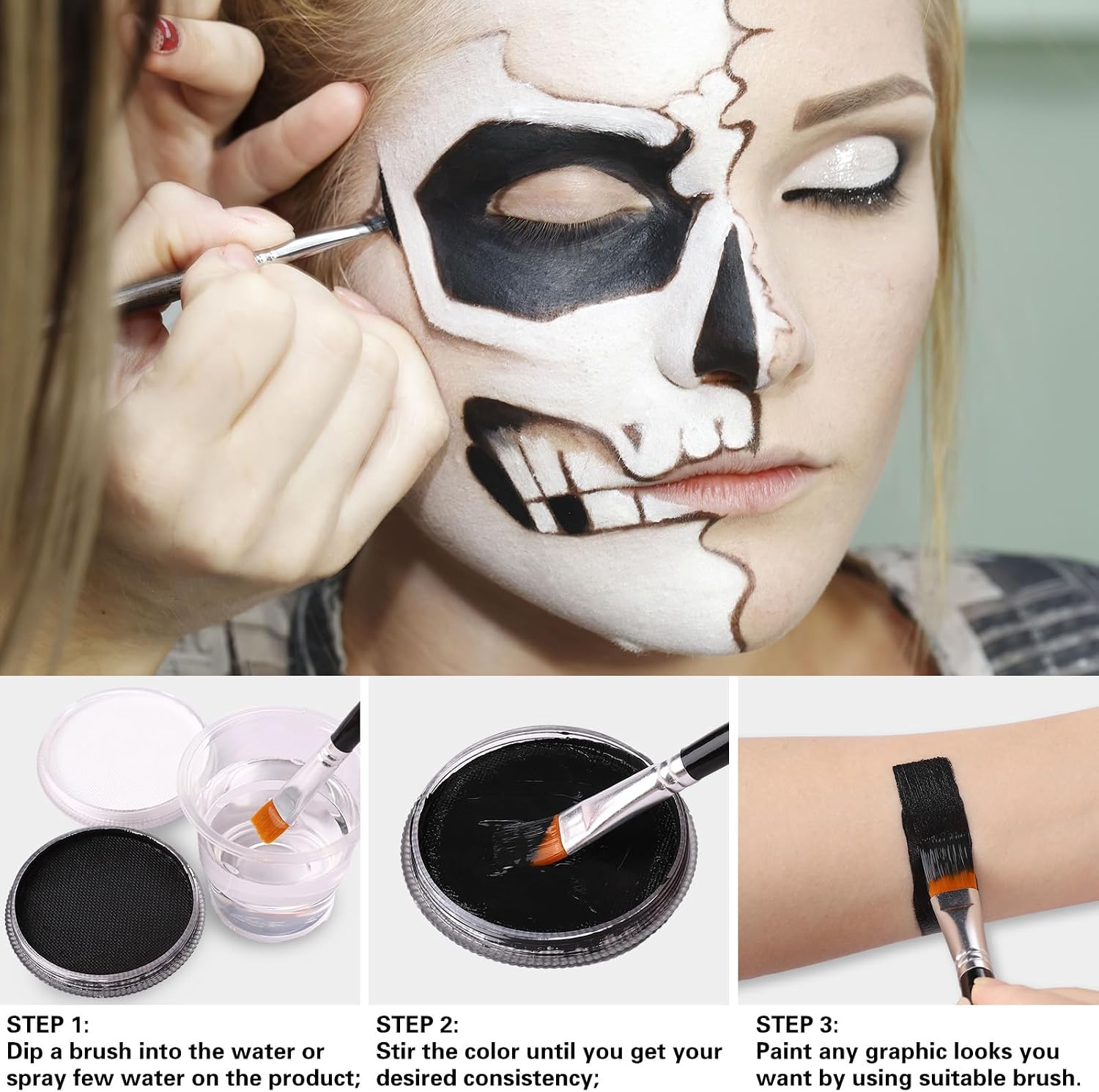 Detalle de BADCOLOR Black and Clown White Water-Based Face Paint Kit with 3 Brushes