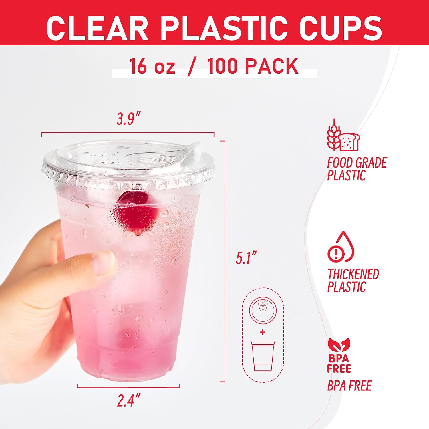 Thumbnail 5 de VPACKDUO 16 oz Plastic Cups with Lids (100 Pack) – Clear, Strawless Sip Lids