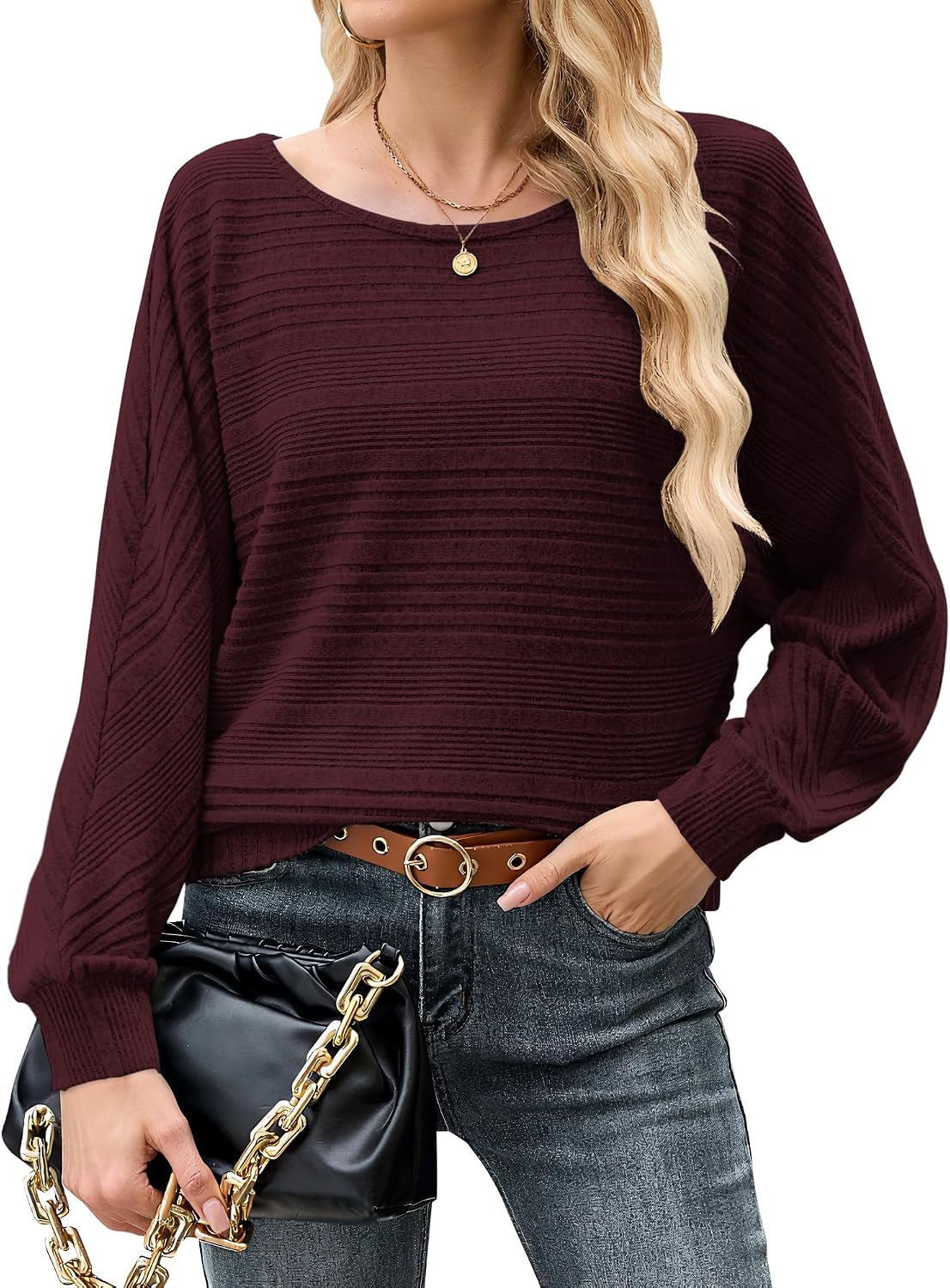 Detalle 2 de WNEEDU Women's Ribbed Tunic Sweater with Long Sleeves and Batwing Cut
