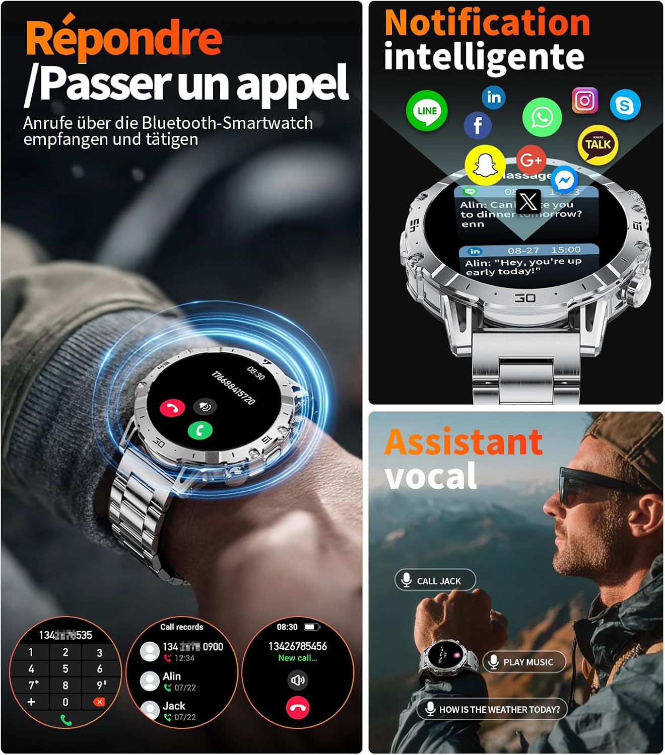 Detalle de SUNKTA Montre Connectée Homme 1000 mAh – 1,7″ HD, 3 bracelets, Bluetooth appels, LED et suivi santé