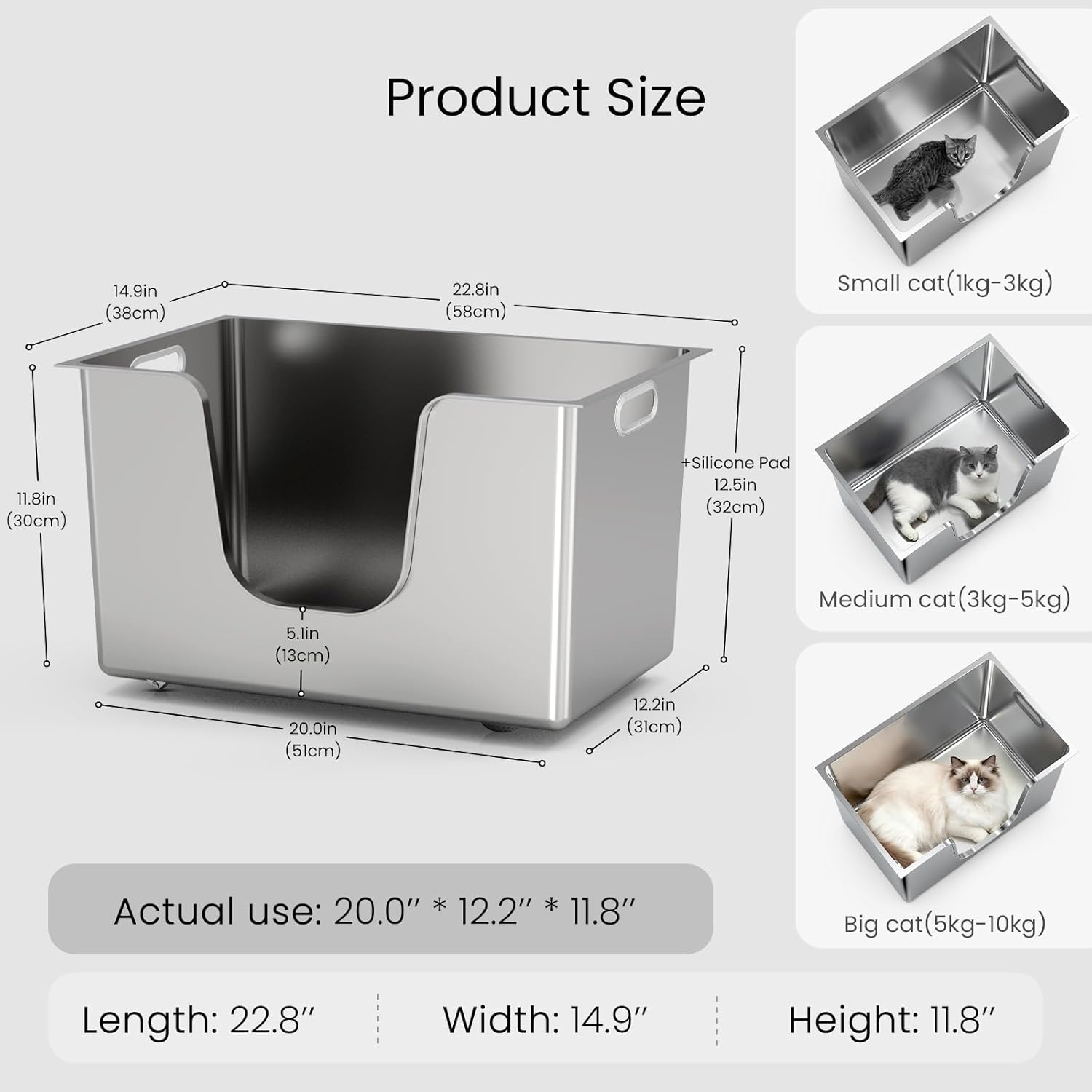 Detalle de PTLOM Stainless Steel Cat Litter Tray (High Sides, Low Entry) with Wheels – L 58x38x30cm