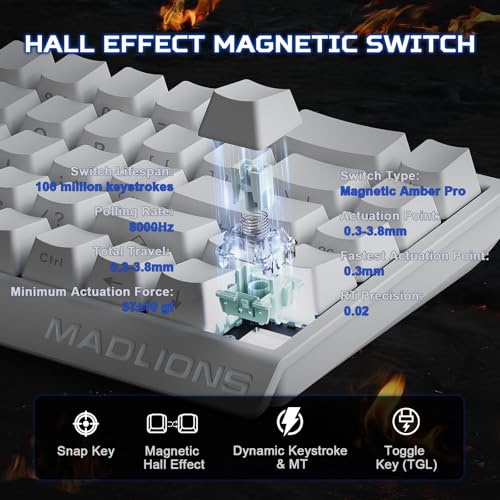 Detalle de YUNZII MAD68 HE Clavier Gamer Filaire 8000Hz (Blanc, Magnetic Amber Pro)