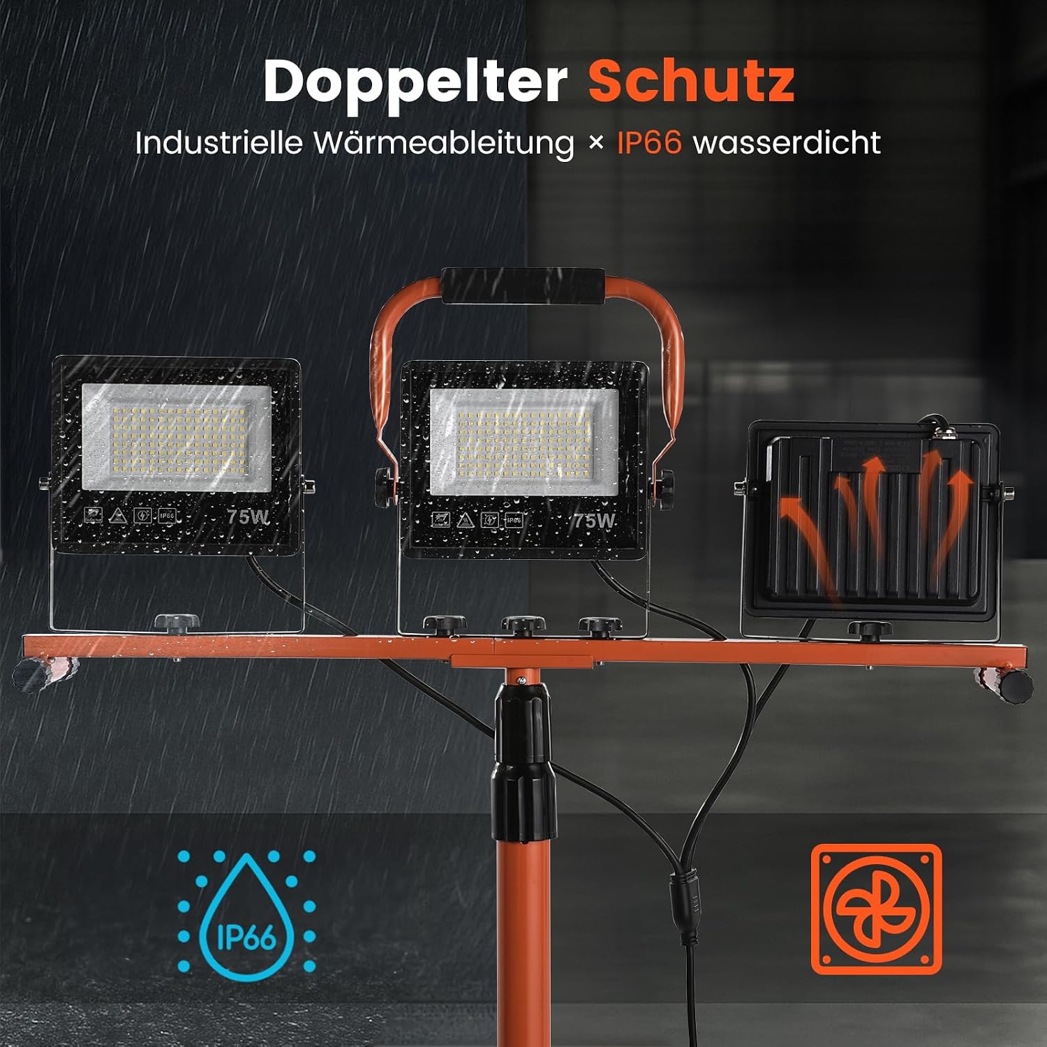 Detalle 2 de ETOOLAB LED-Baustrahler mit Stativ, 30.000 lm (3×75 W), 98–200 cm höhenverstellbar, IP66
