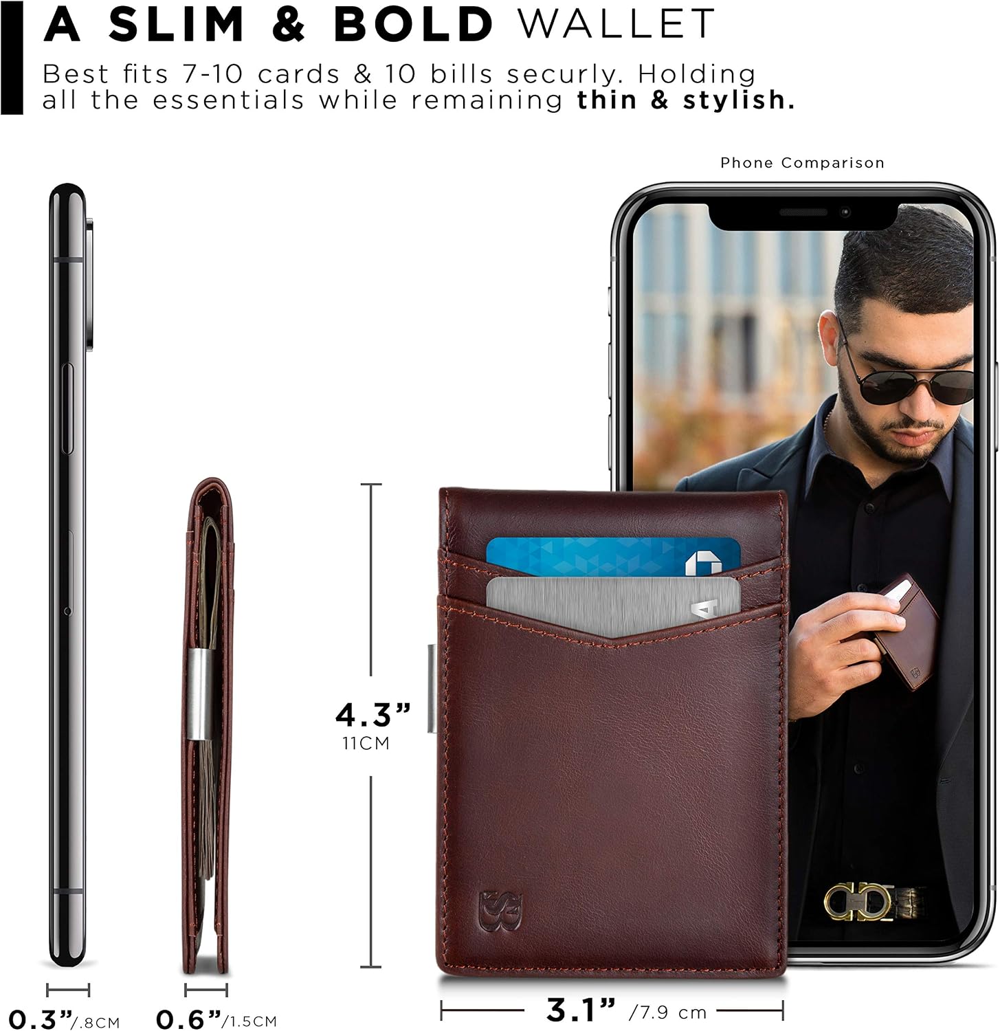 Detalle de SERMAN BRANDS Money Clip Wallet, Full-Grain Leather