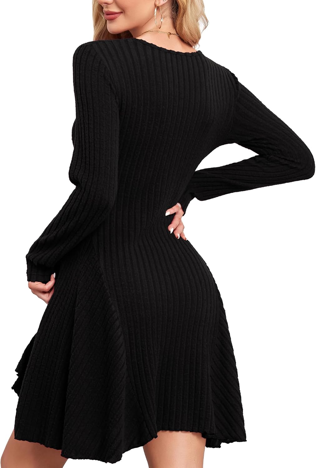 Detalle 2 de SENBATU Robe tricotée pour femmes – robe d’automne élégante à manches longues et col en V