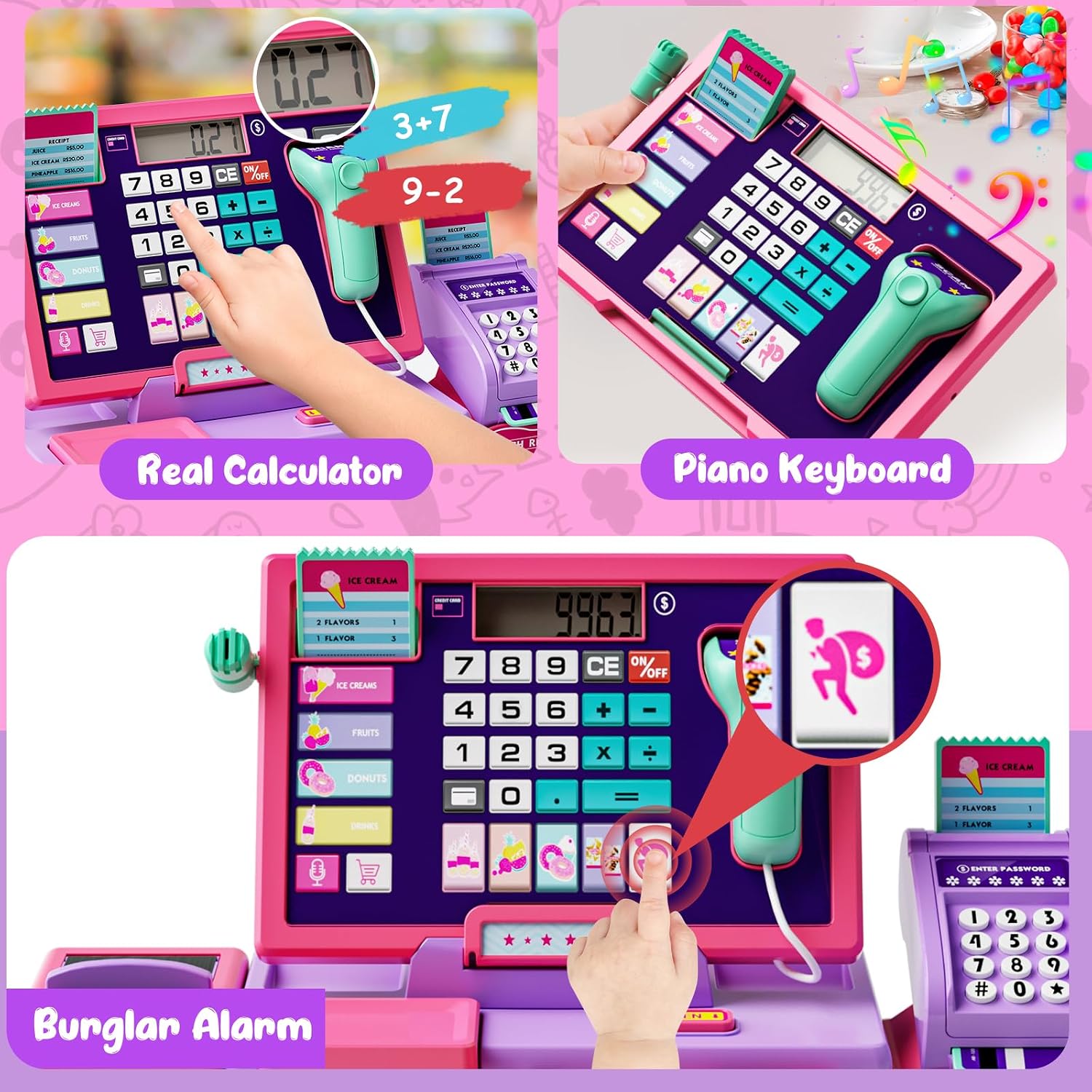 Detalle de Maysida Kids Cash Register Toy Playset: Real Calculator, Scanner and Play Money for Engaging Toddler Shop Play