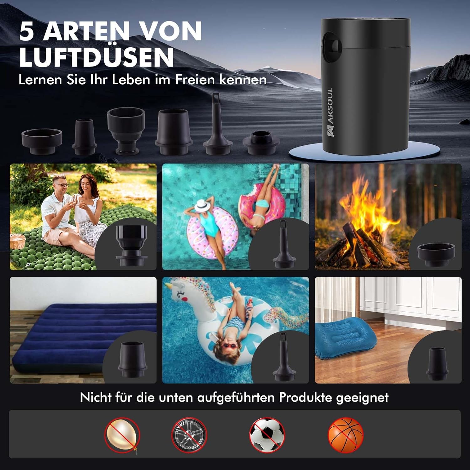Thumbnail 5 de AKSOUL Elektrische Akku-Luftpumpe für Luftmatratzen, 200 L/min und 4000 Pa, mit 4 Düsen (AA-Betrieb)
