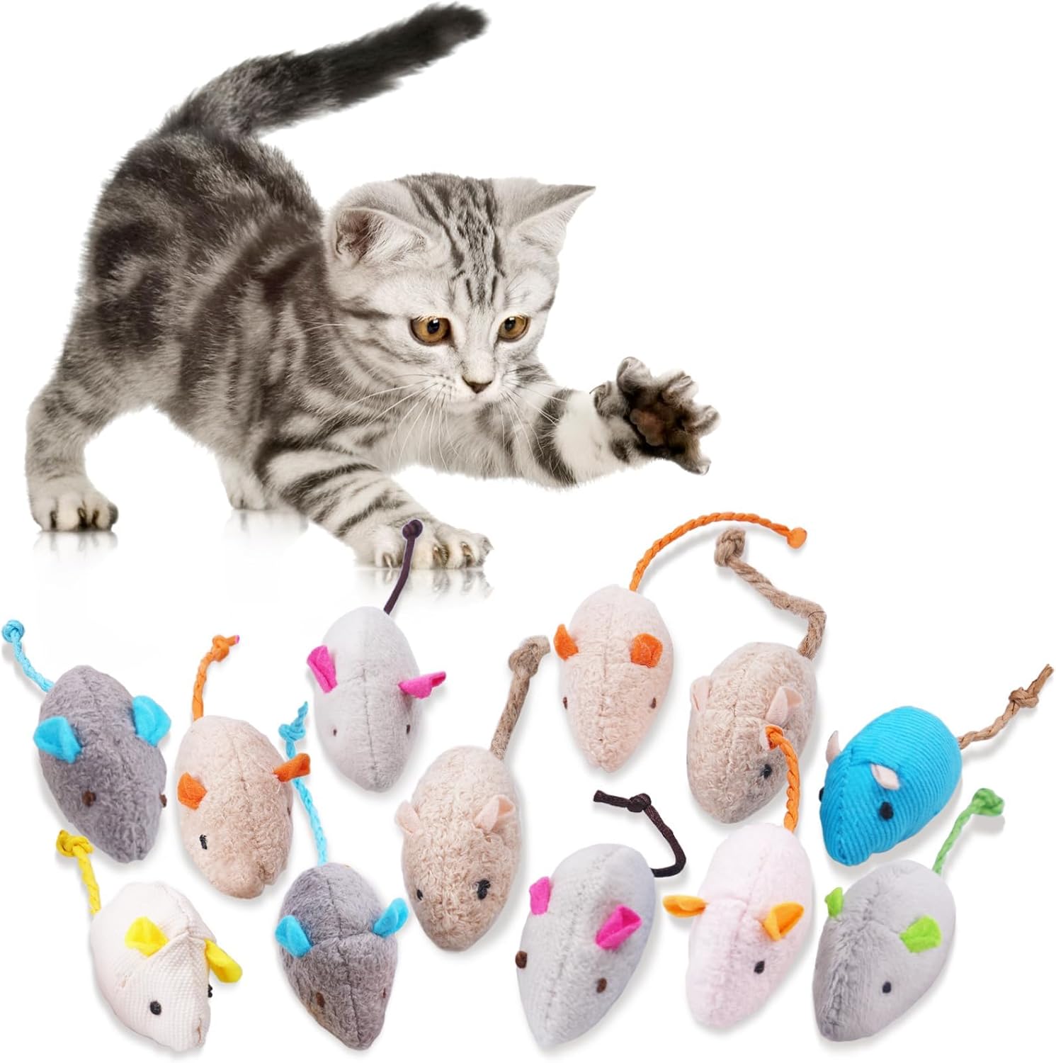 Adiwo Set di 12 Giocattoli Topi per Gatti con Erba Gatta – Topo di Peluche Interattivo, Masticabile e per la Pulizia dei Denti