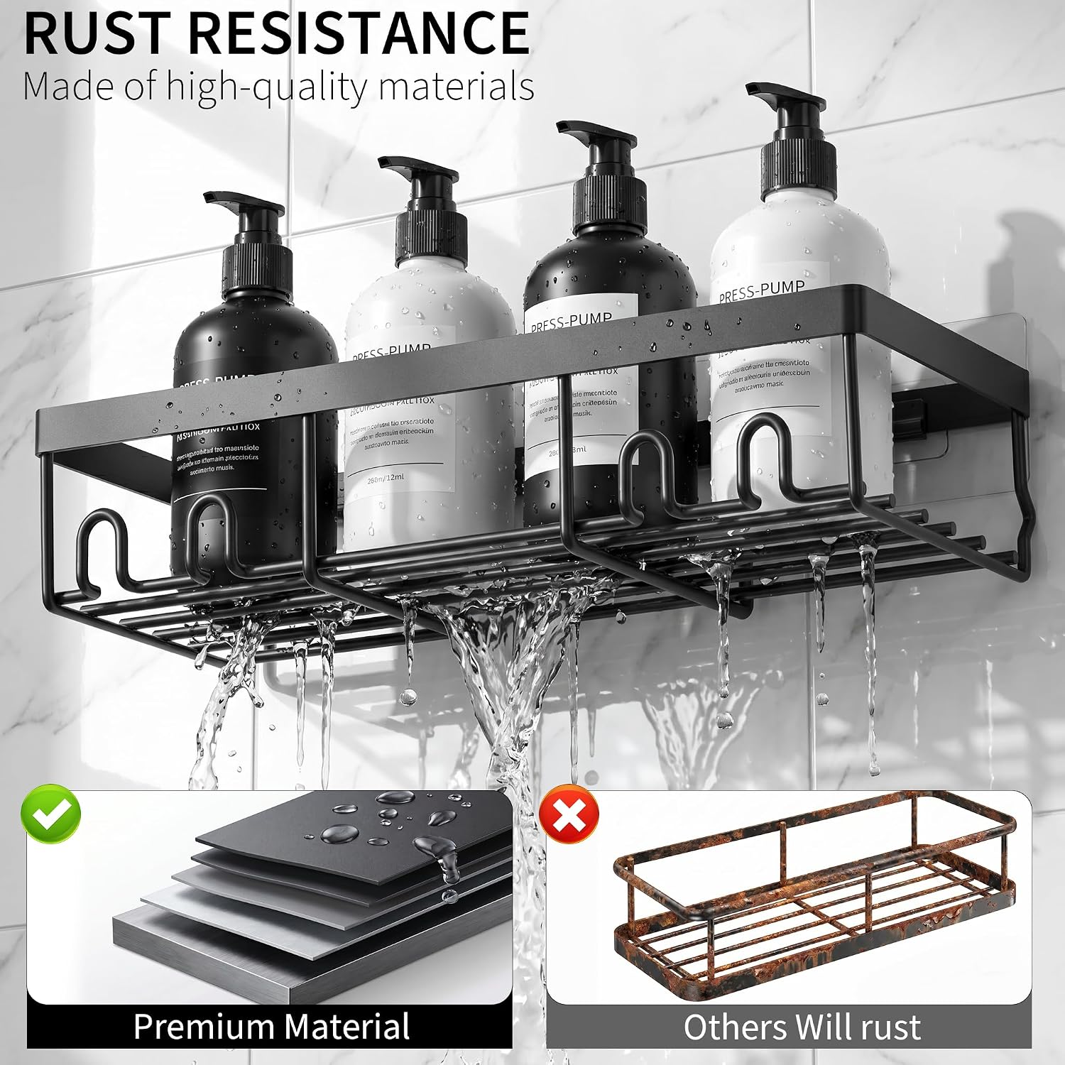 Detalle de Moforoco Shower Caddy Shelf Organizer, 2-Piece Black Adhesive Set with Hooks
