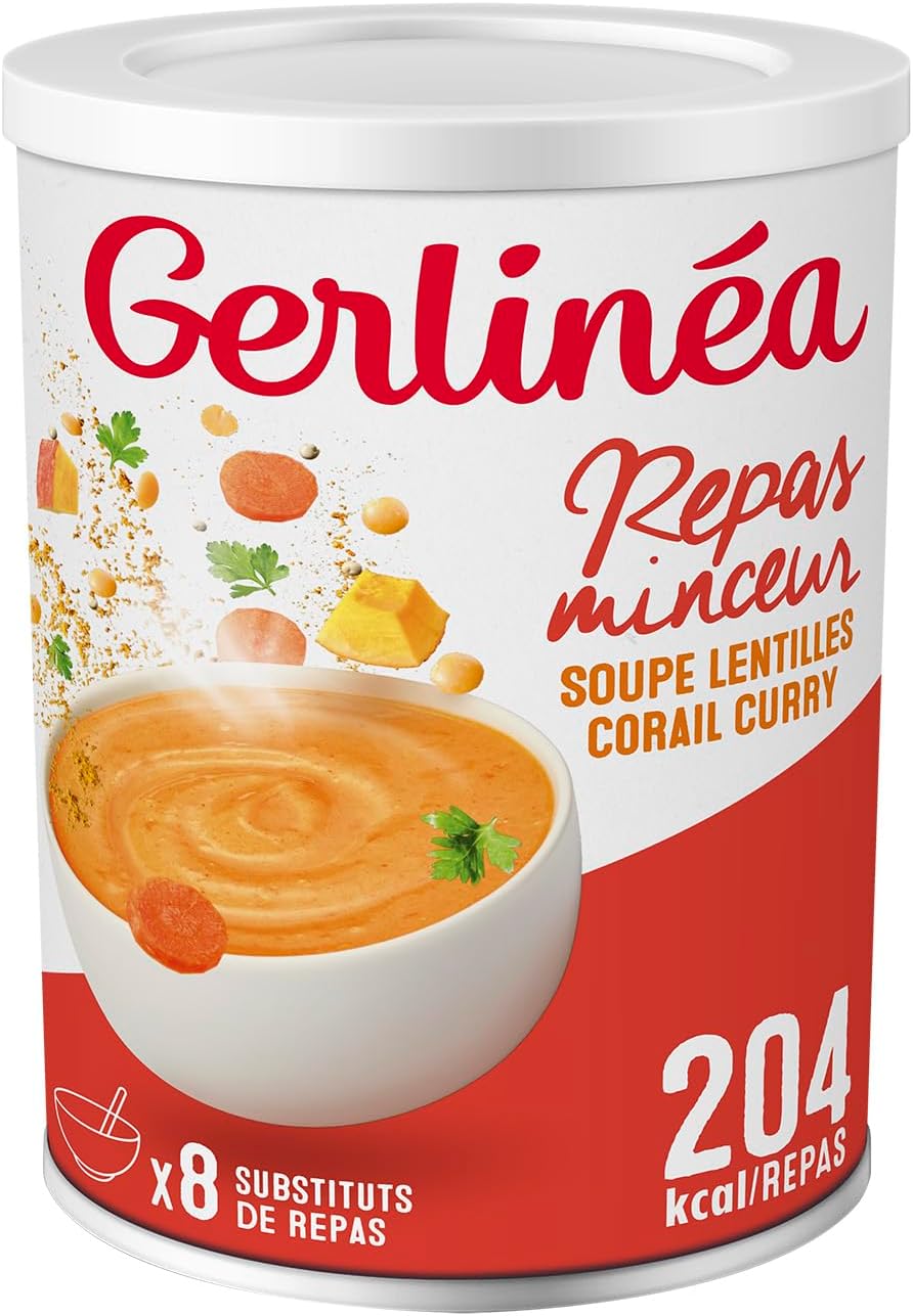Detalle de GERLINÉA Soupe Lentilles Corail Curry – Substitut de Repas Minceur, 8 Repas, 424 g